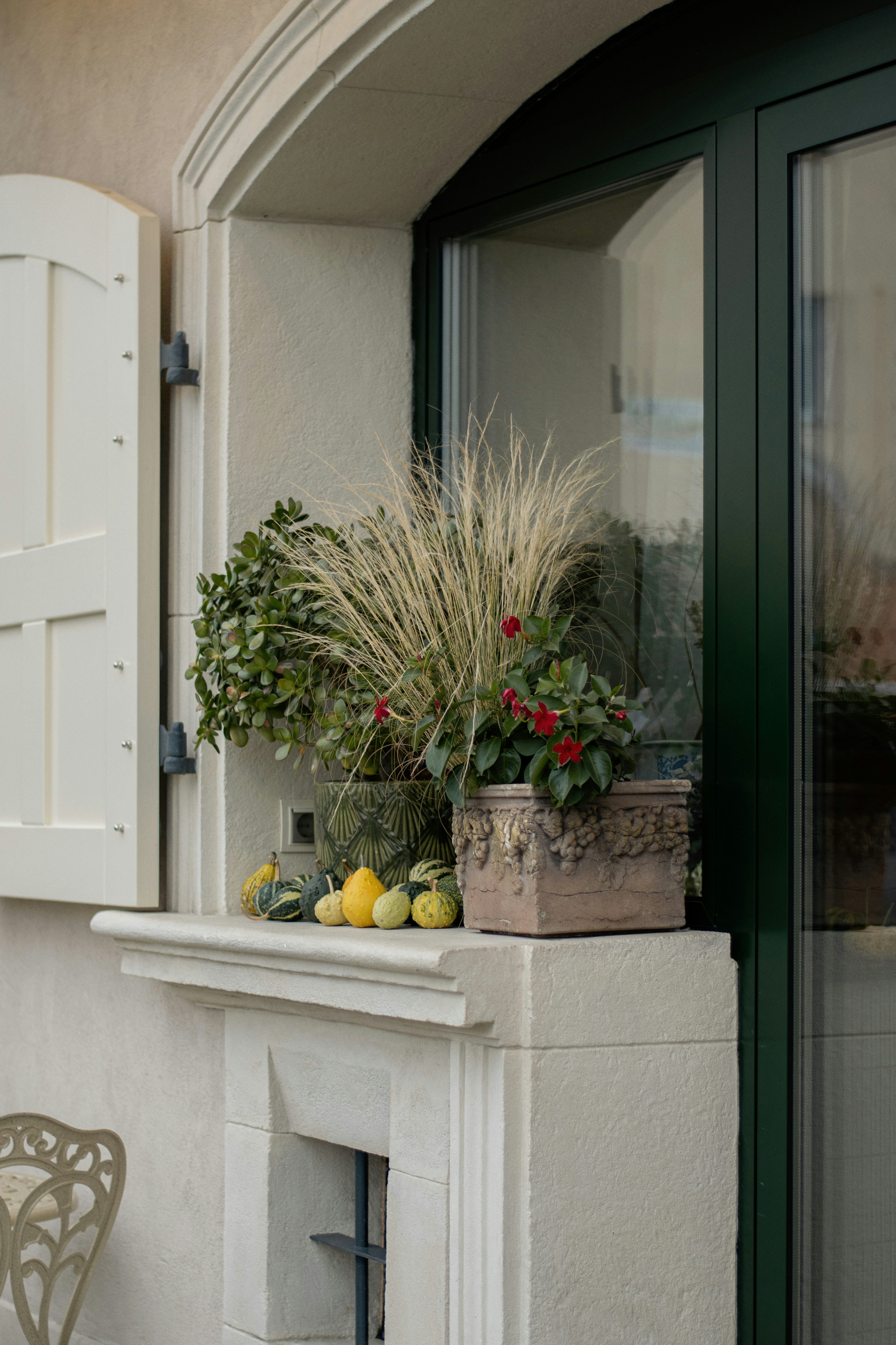 Zucche e zucche decorative su una sporgenza di pietra.