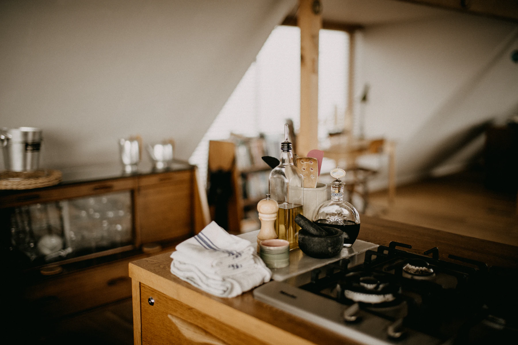 Kitchen counter prepared with cooking ingredients and practical utensils