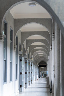 An arched hallway with many doors and windows.