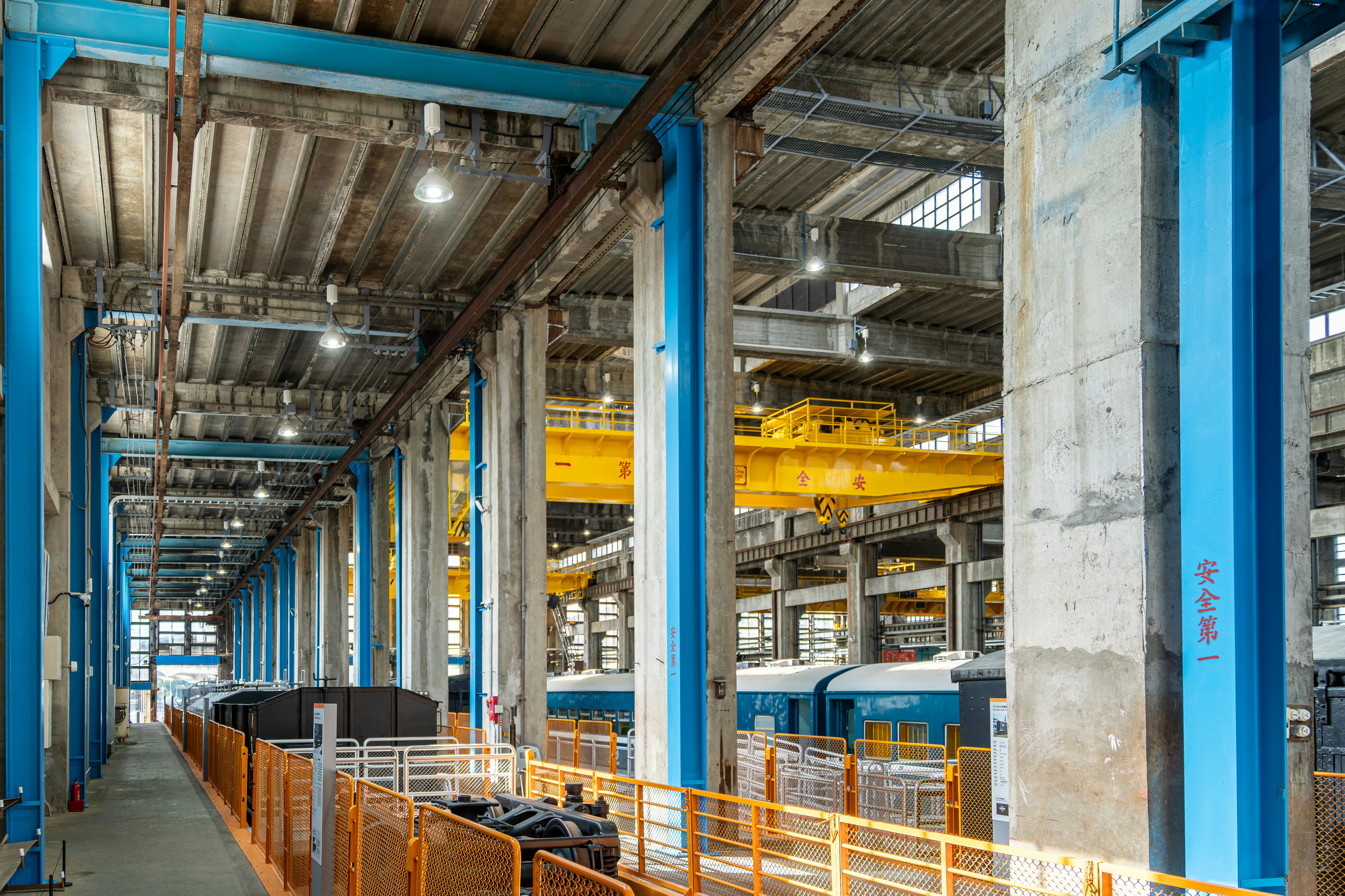Industrial interior with blue beams