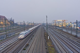 A fast train speeds down multiple tracks.