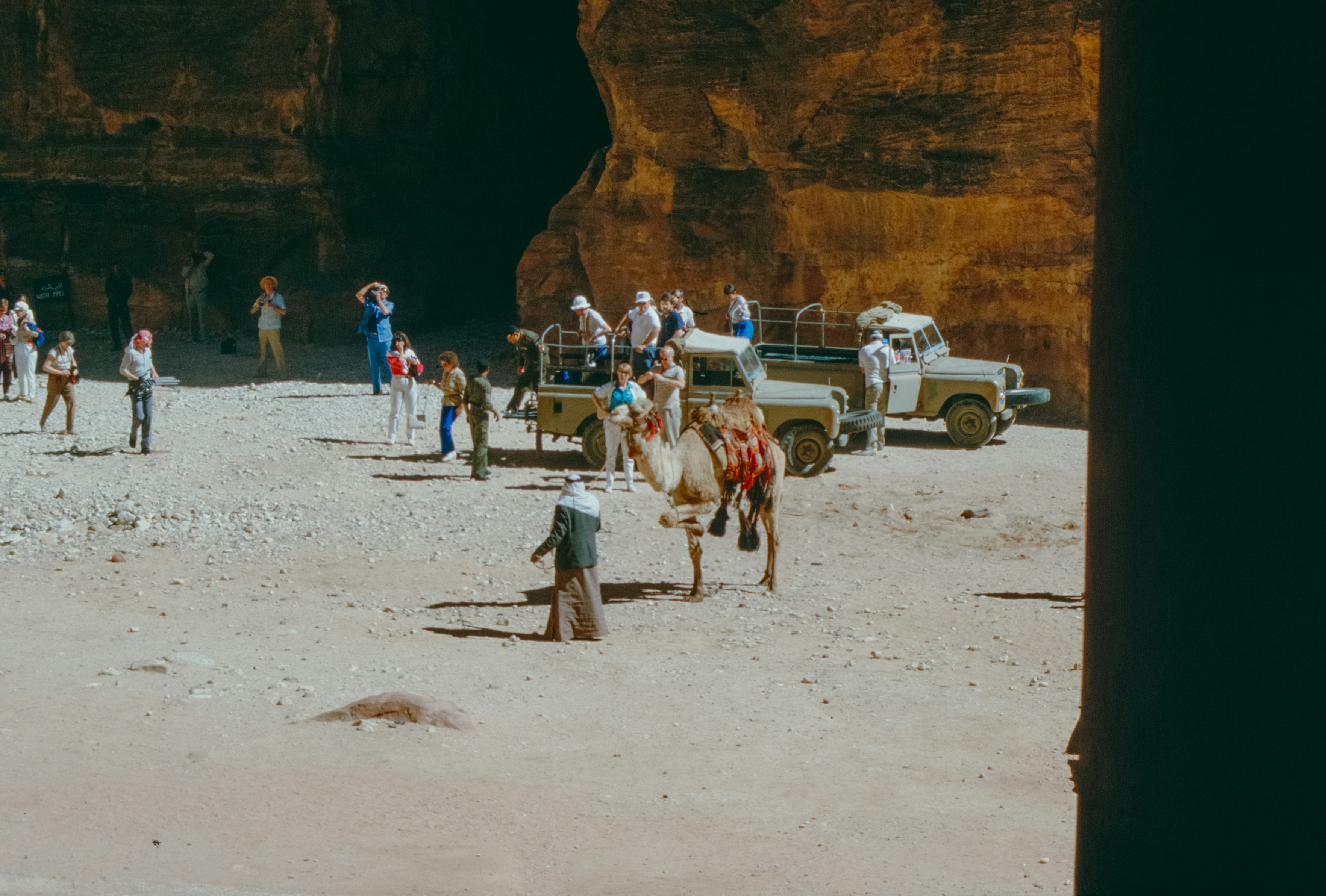 Touristen mit Kamel und Jeep in Wüstencanyon