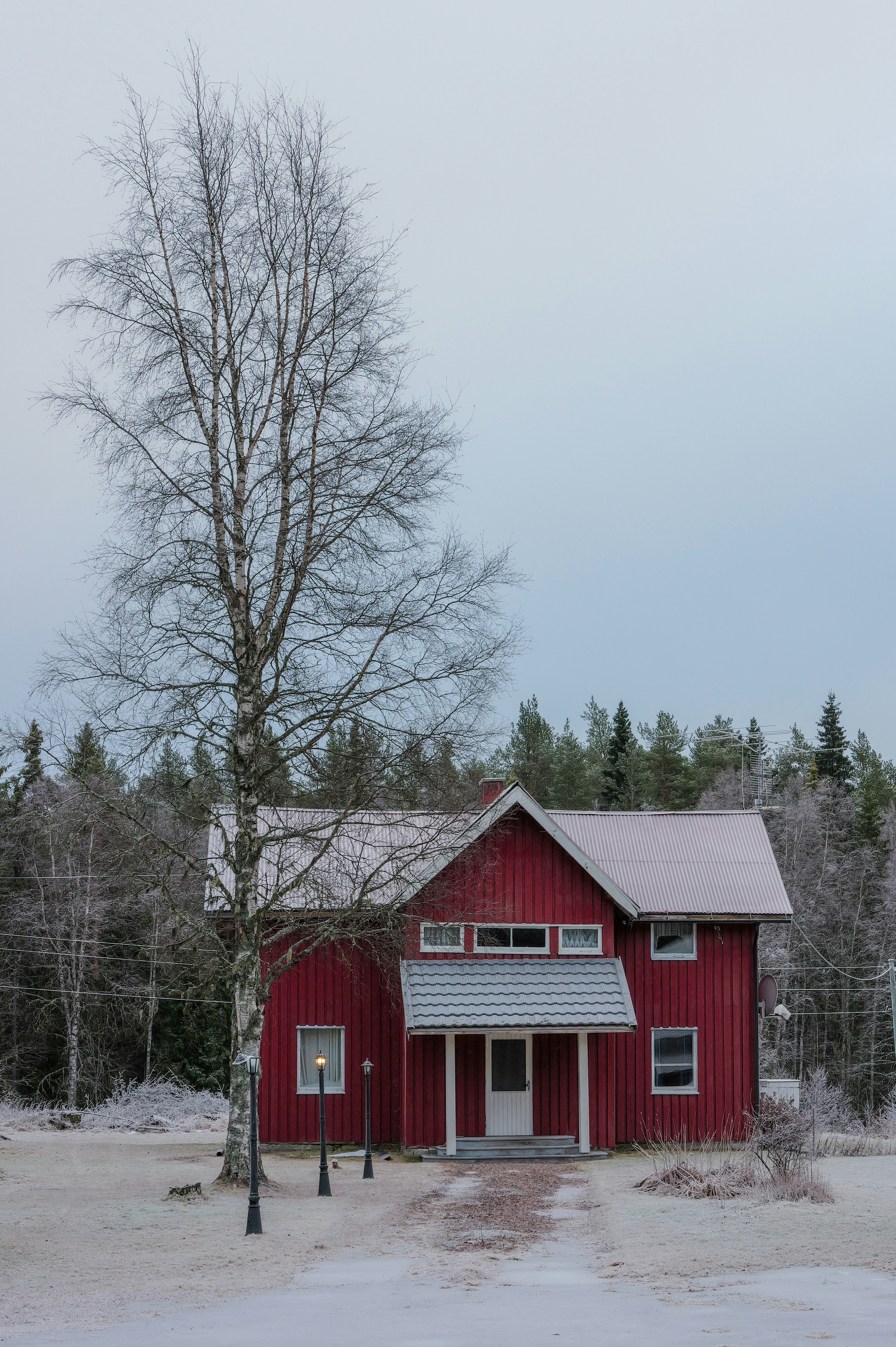 Red house with bare tree in winter snow