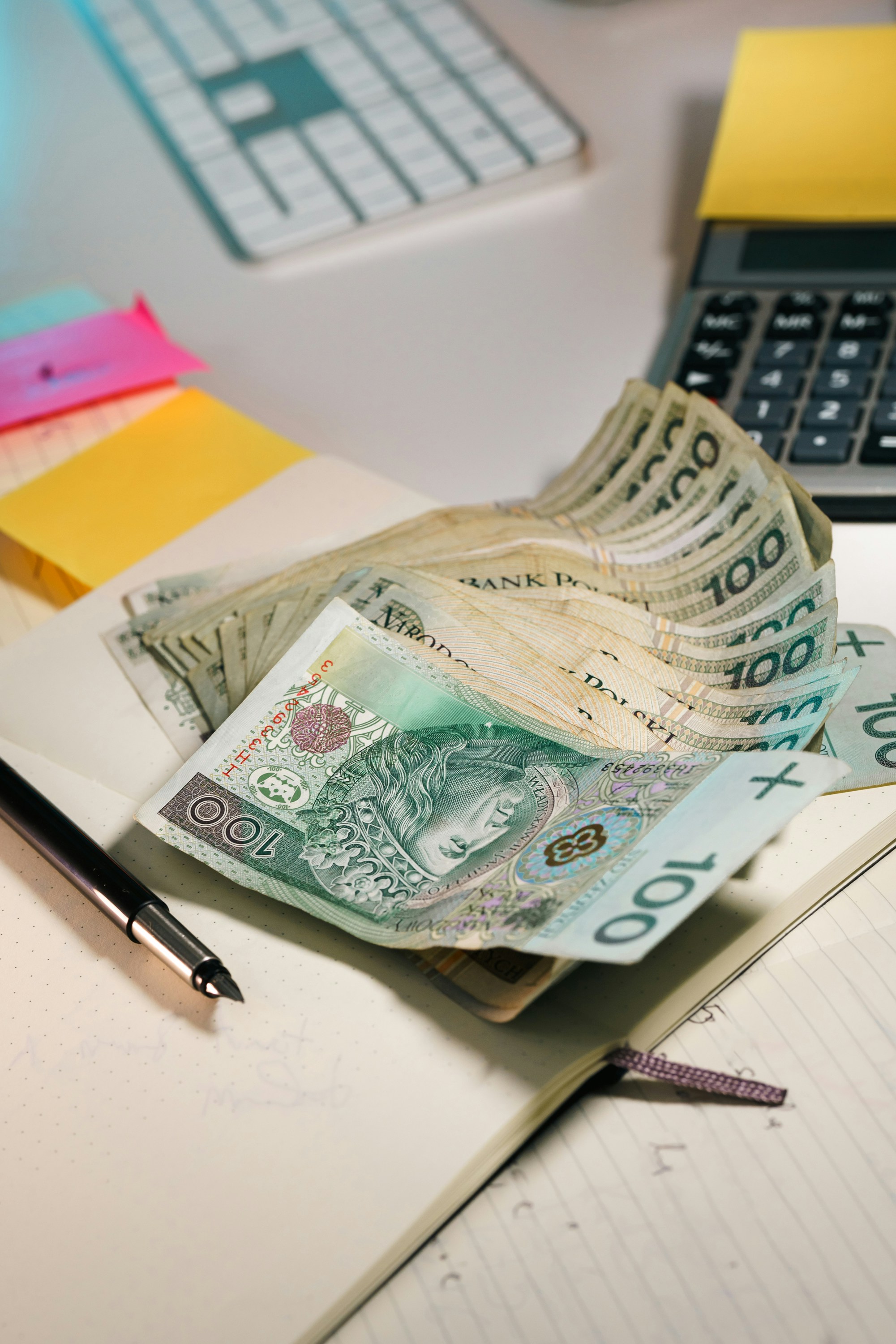 ペンと電卓を使ったノートにポーランド通貨。