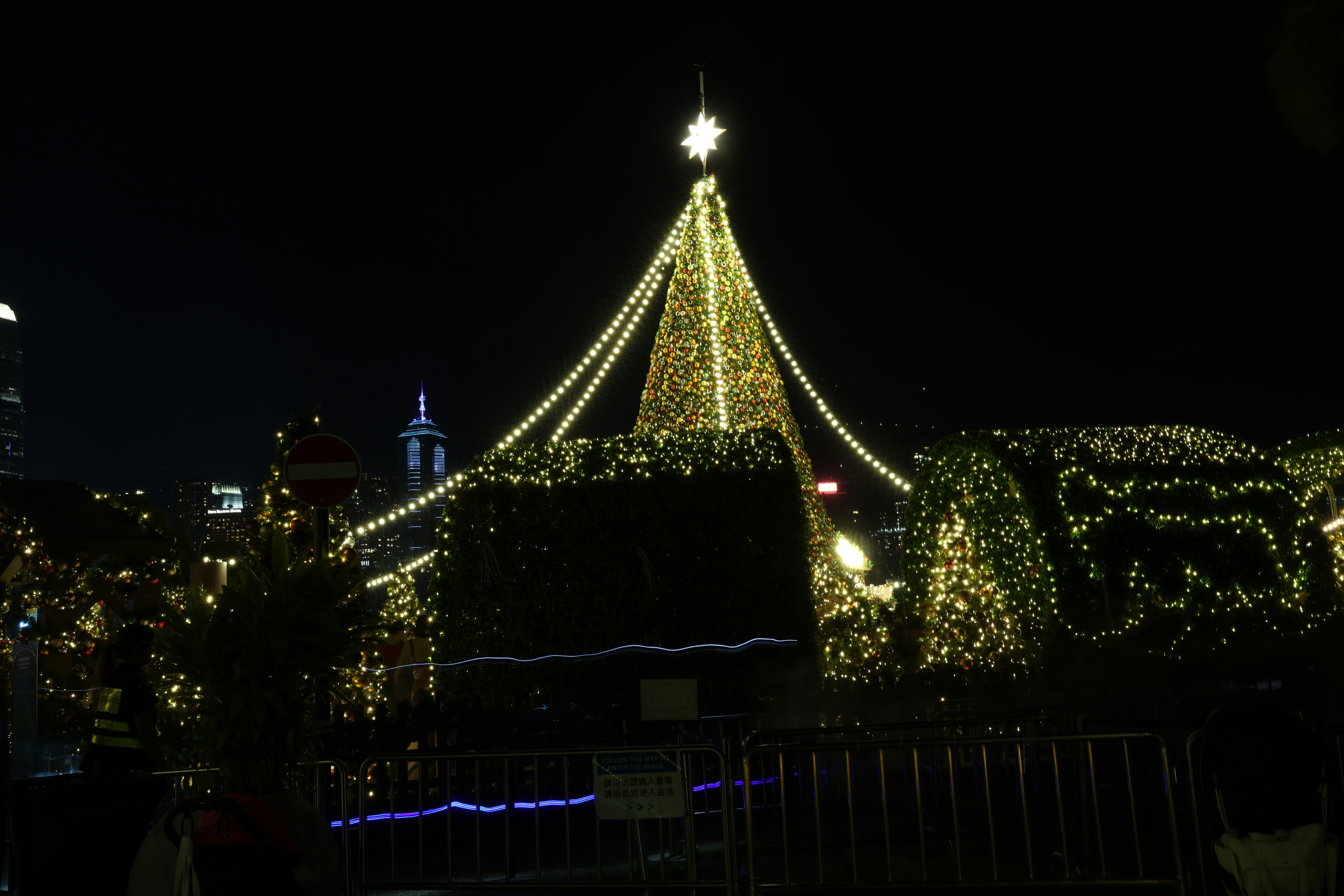 A large christmas tree decorated with lights at night.