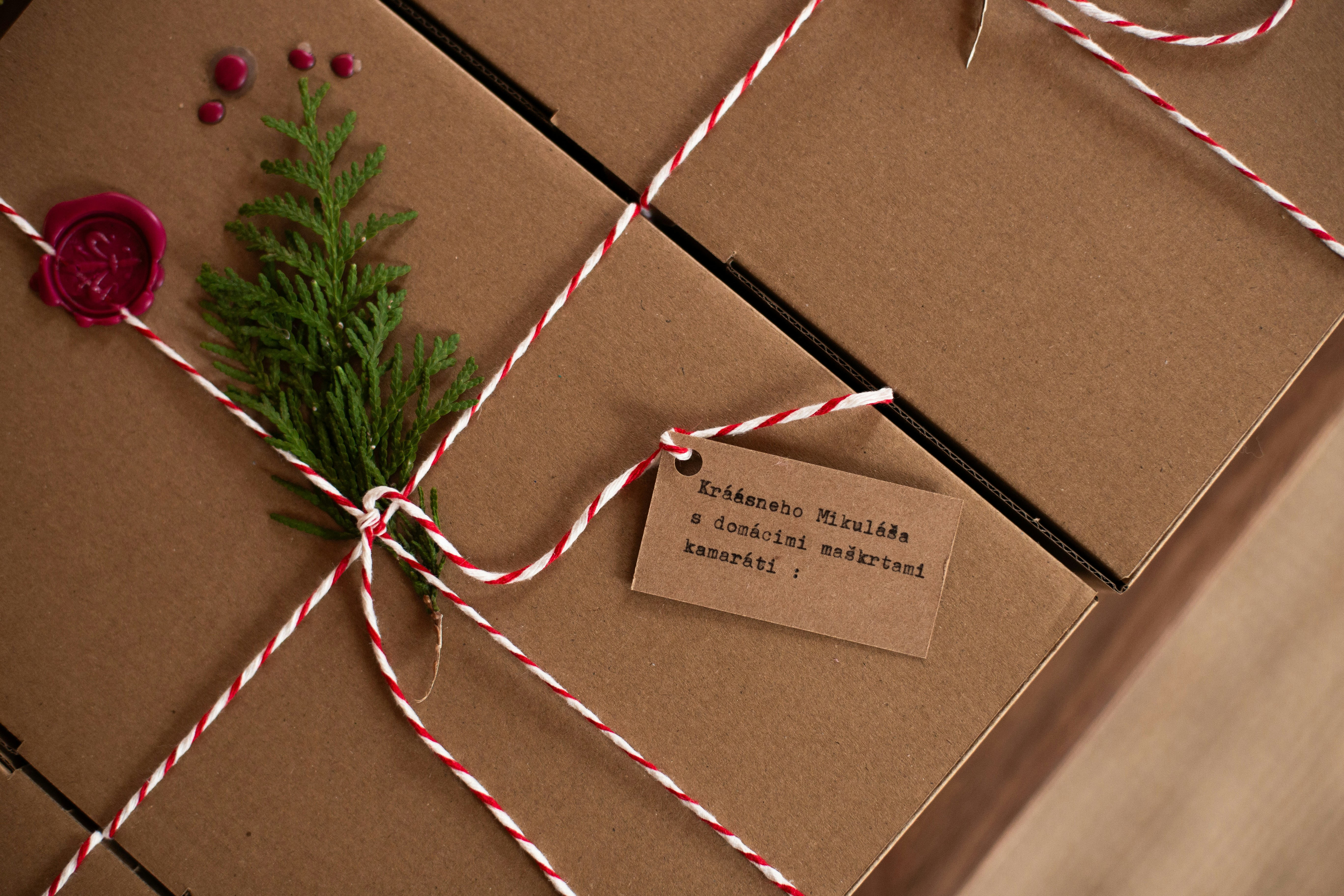 Brown gift boxes with twine