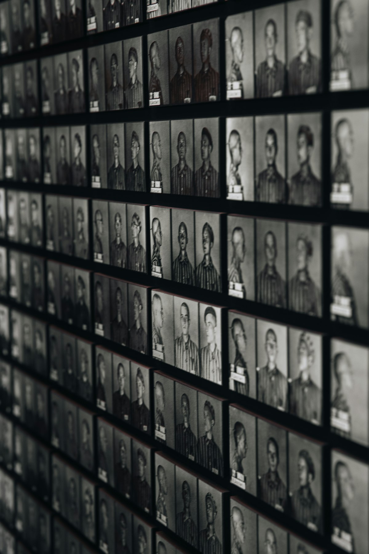 Wall of mugshot portraits representing a facial recognition watchlist