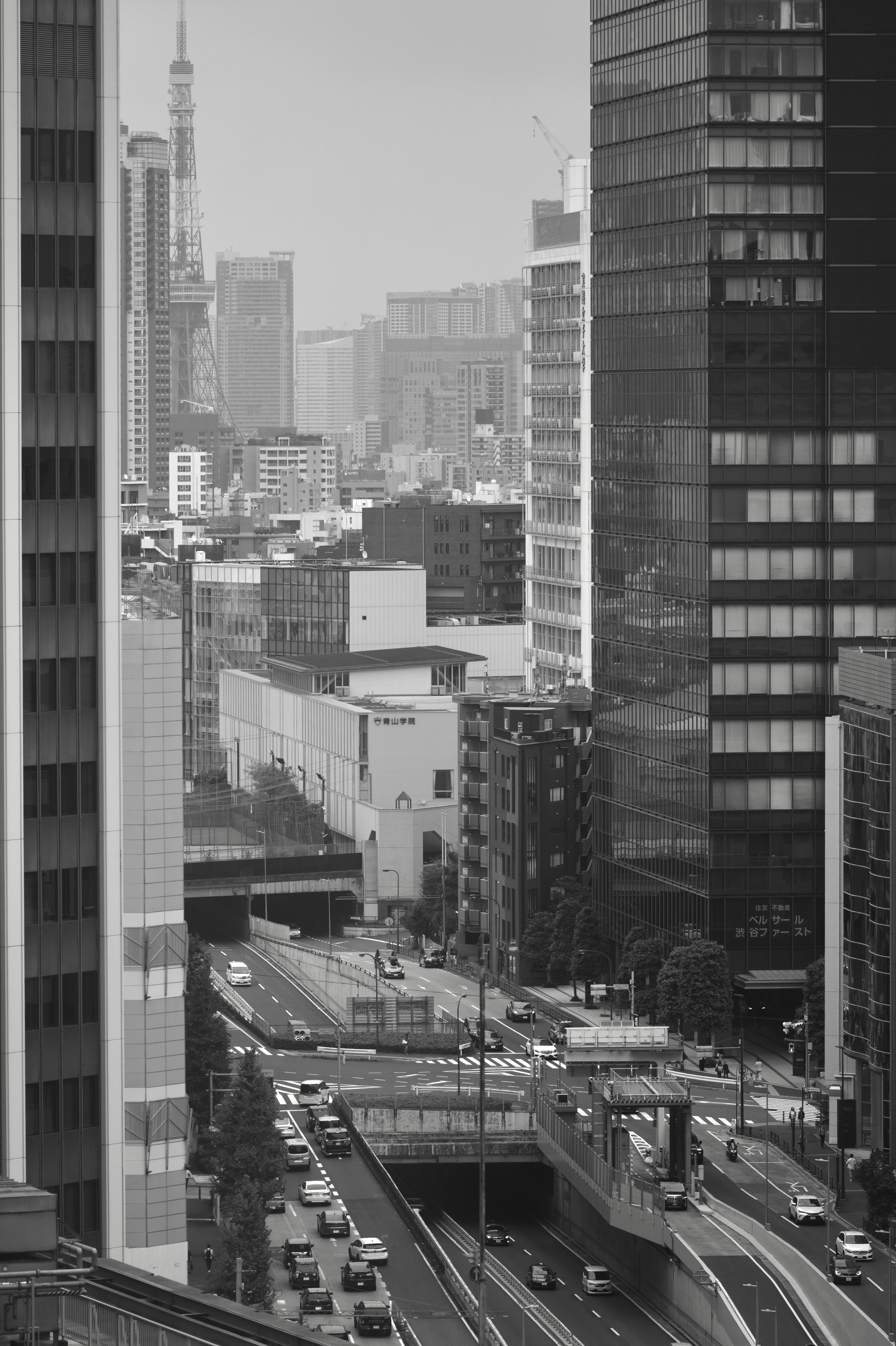Black and white cityscape with busy highway below buildings