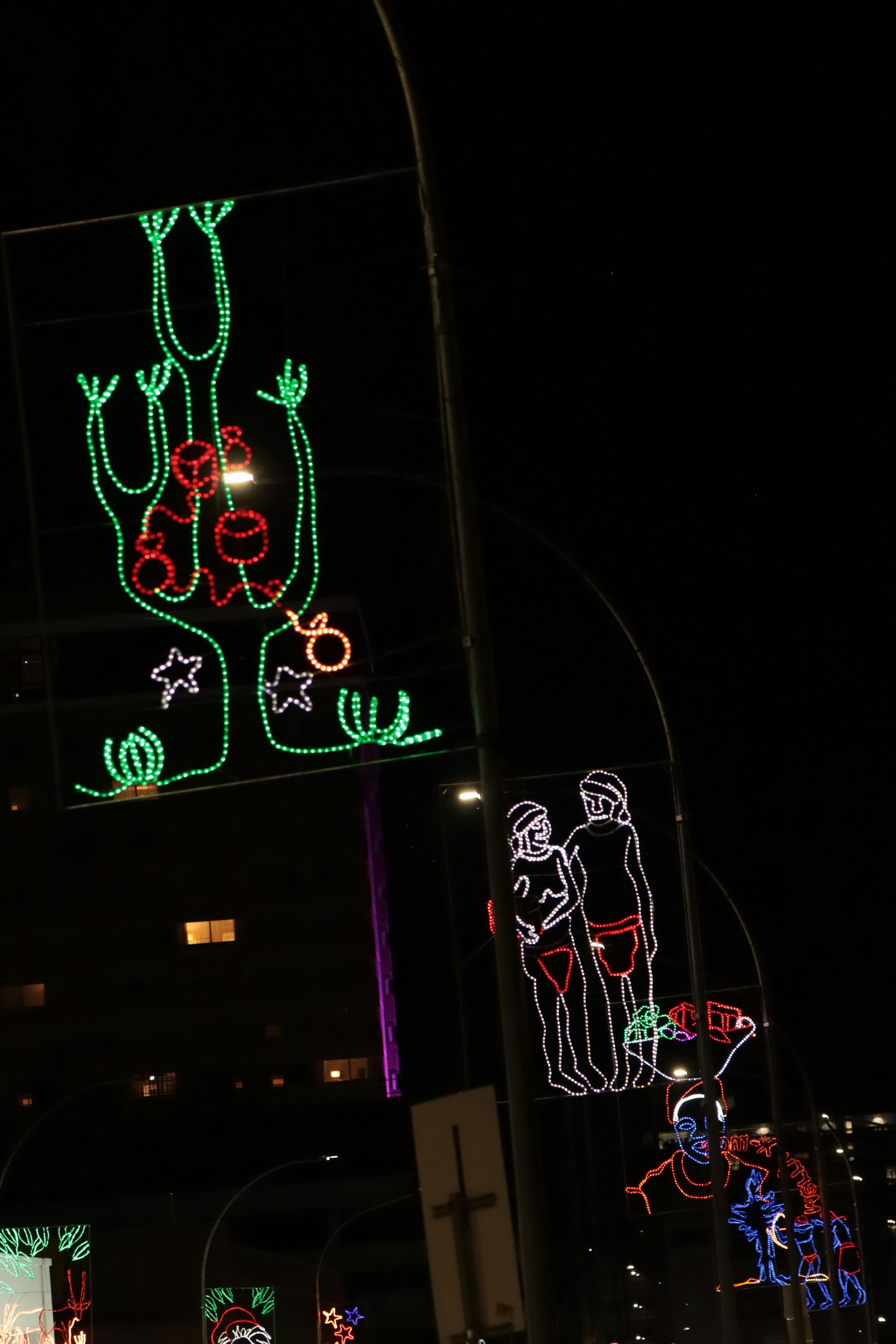 Decorative lights depicting figures and a cactus at night