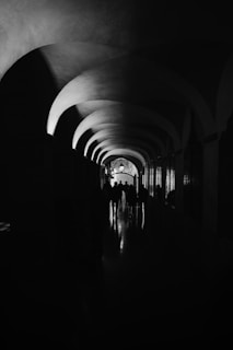 Silhouetted figures walk down a dark, arched hallway.