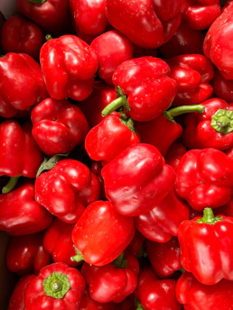 A pile of fresh red bell peppers