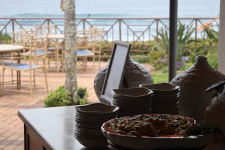 Buffet table with food and ocean view