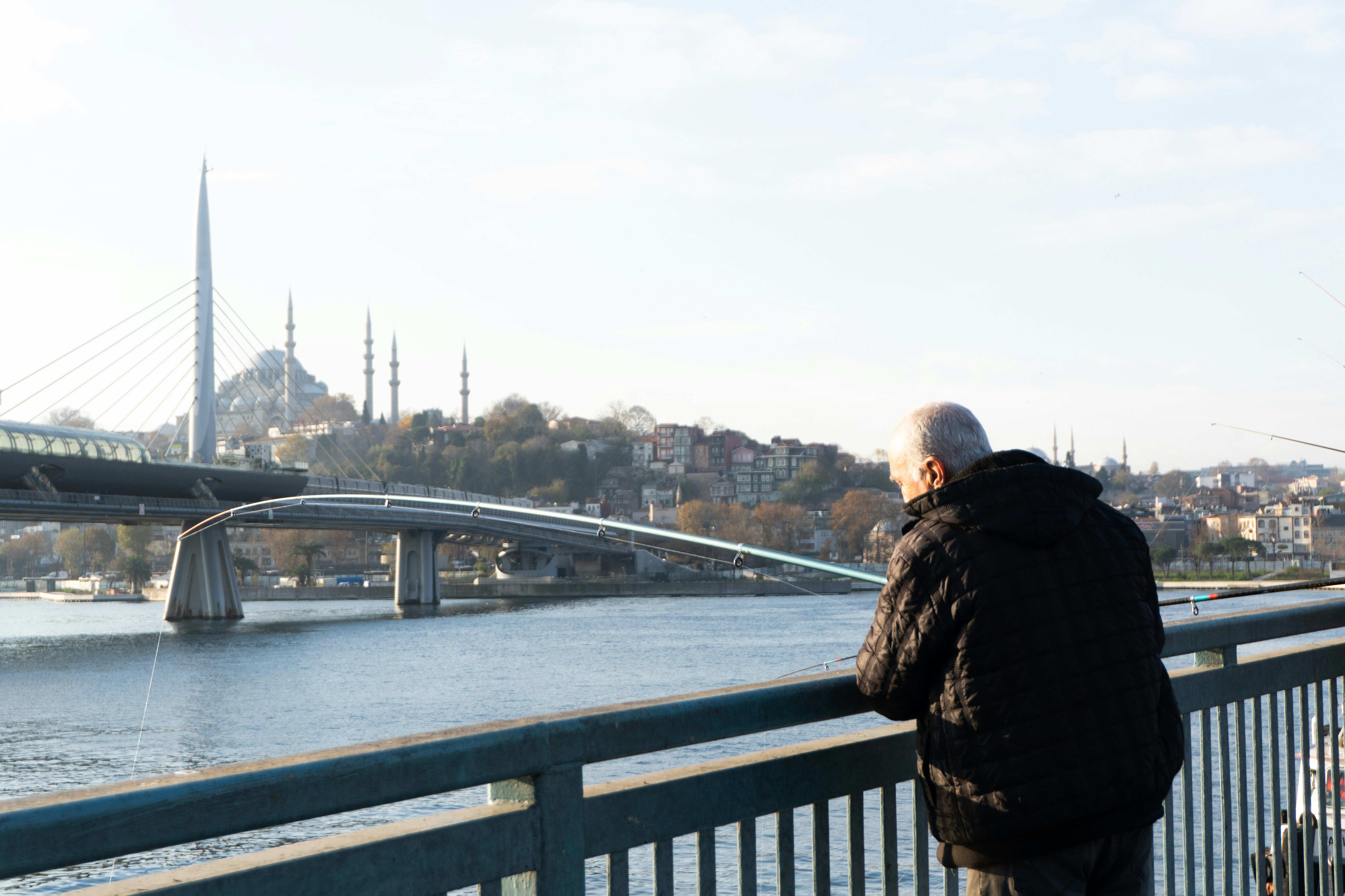 Man looking at cityscape with bridges and minarets