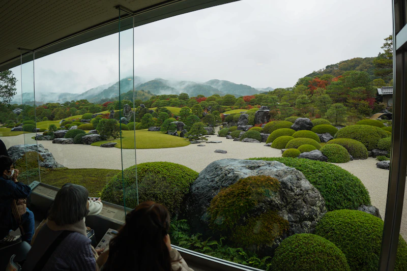 The dry landscape garden of the Adachi Museum of Art viewed through a large picture window, Shimane, Japan