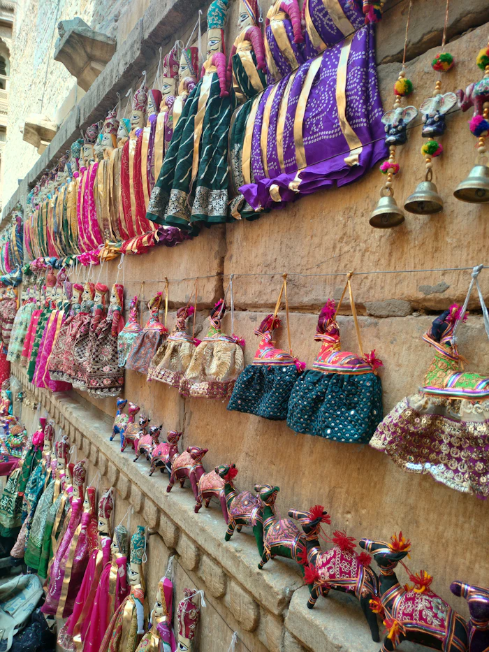 Colourful textiles on a stone wall