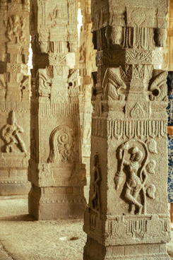 Ancient stone pillars with intricate carvings inside a temple.