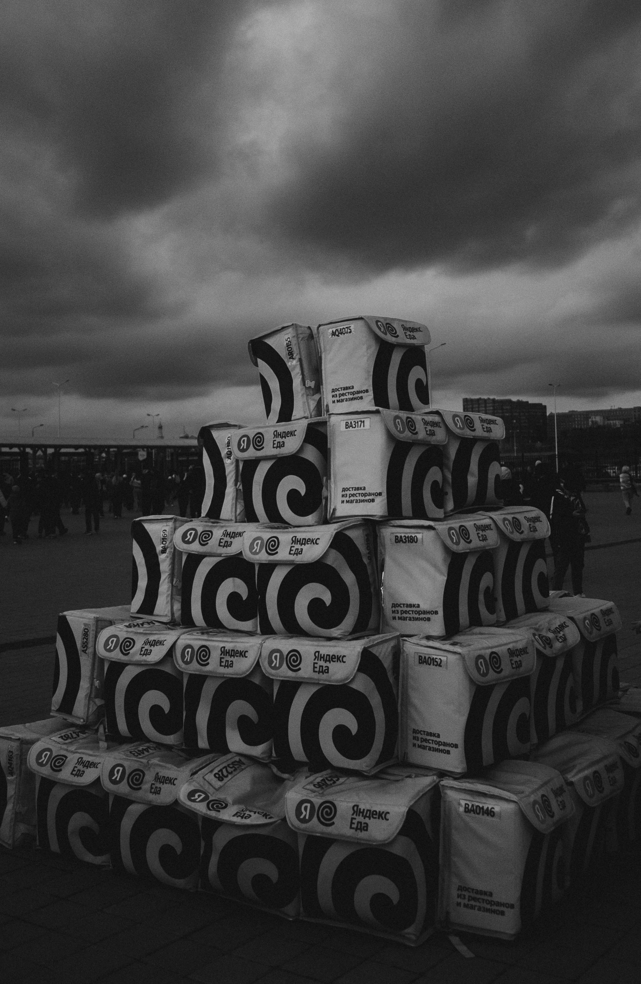 Stack of delivery bags with spiral pattern