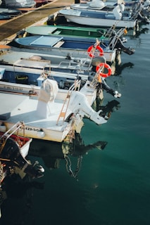 Several boats docked in a marina on a sunny day.