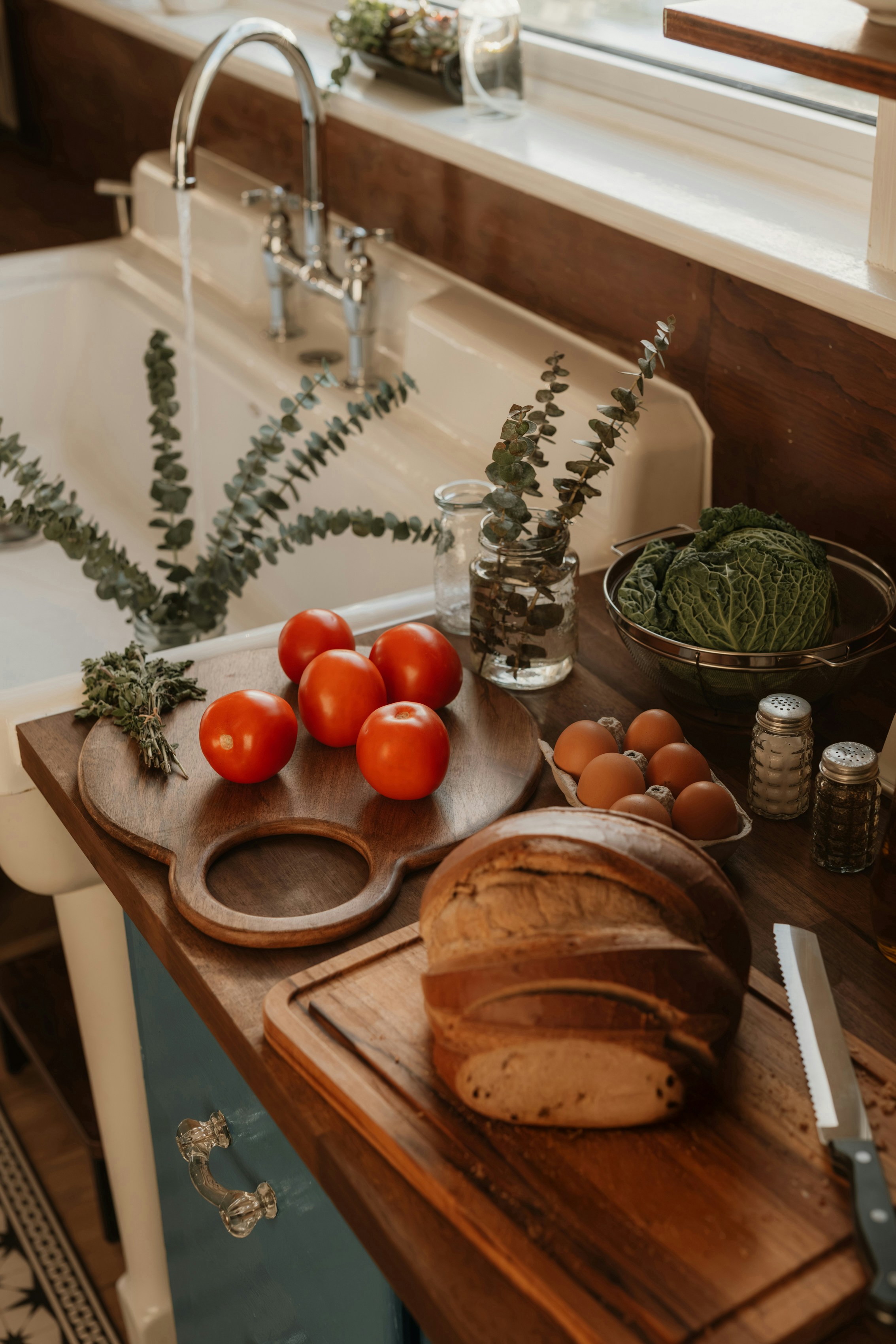 Fresh ingredients for cooking on a kitchen counter.