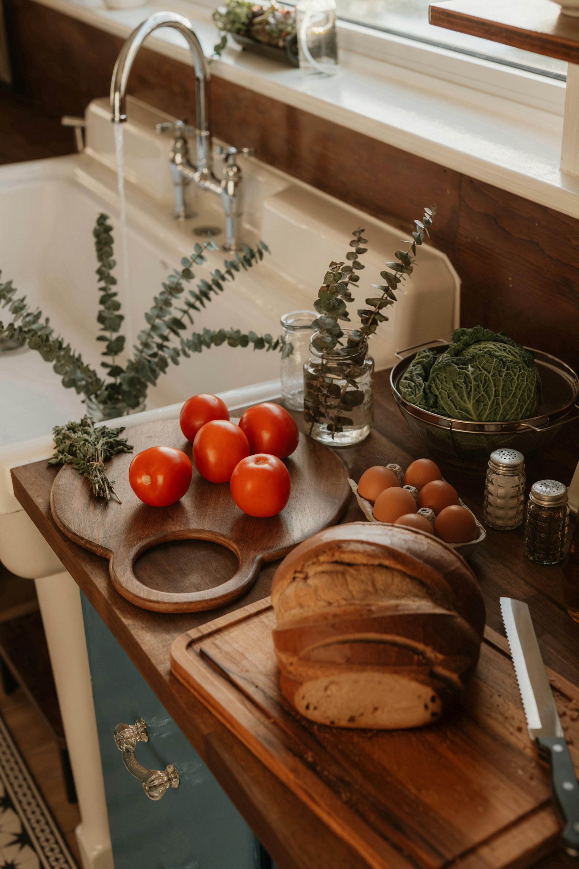 Fresh ingredients for cooking on a kitchen counter.