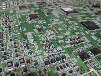 Close-up view of a complex green circuit board