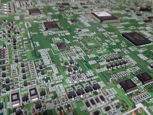 Close-up view of a complex green circuit board