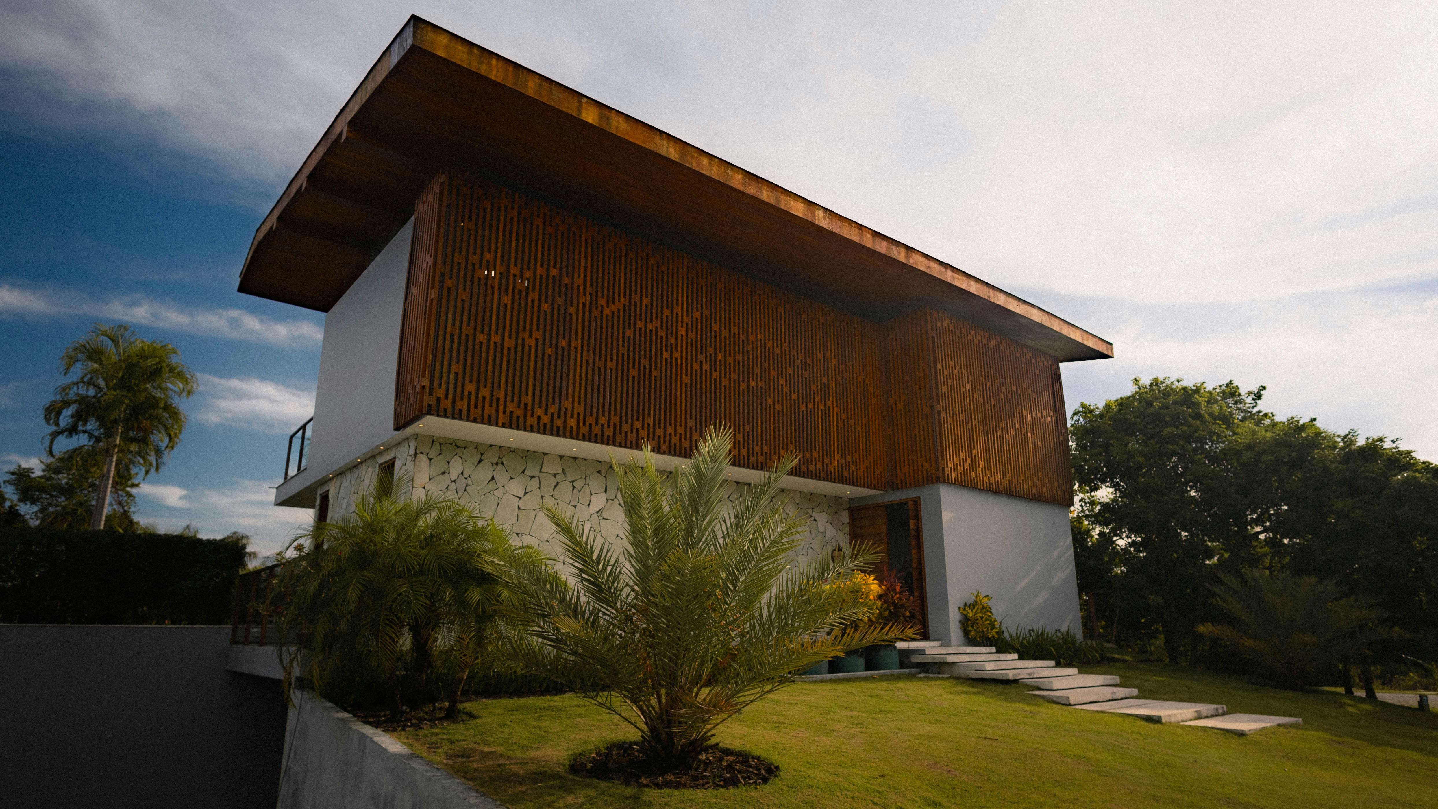 Modern house with wood and stone exterior