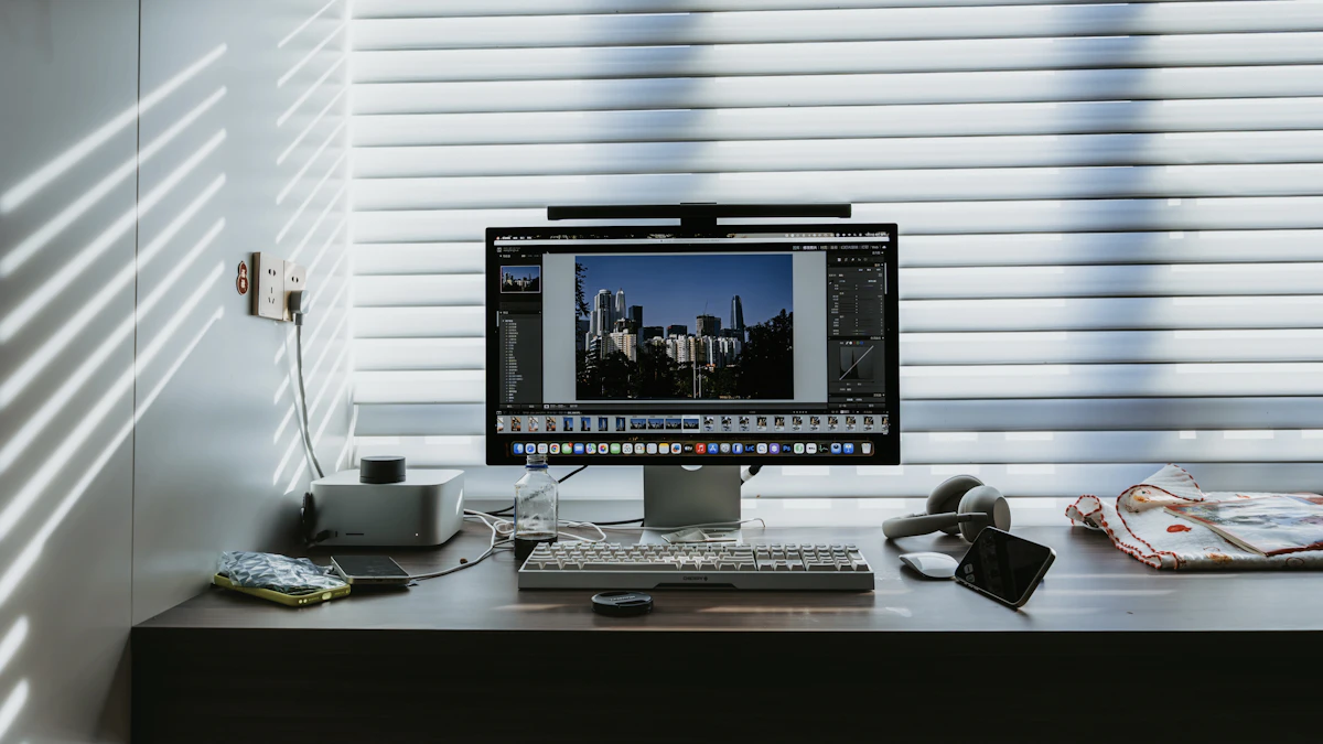 A computer setup with a city skyline on screen