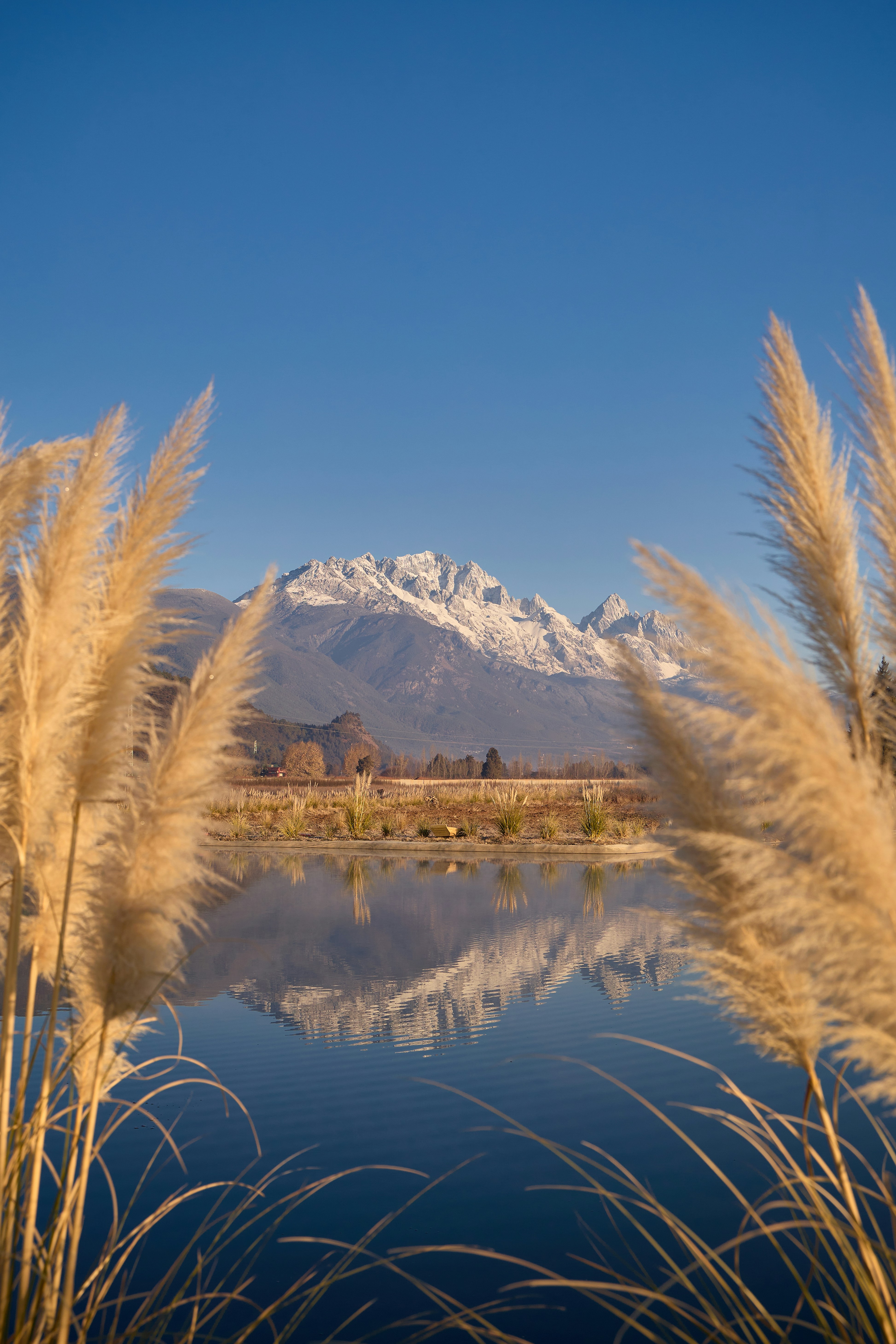 Montagne innevate riflesse in un lago tranquillo.
