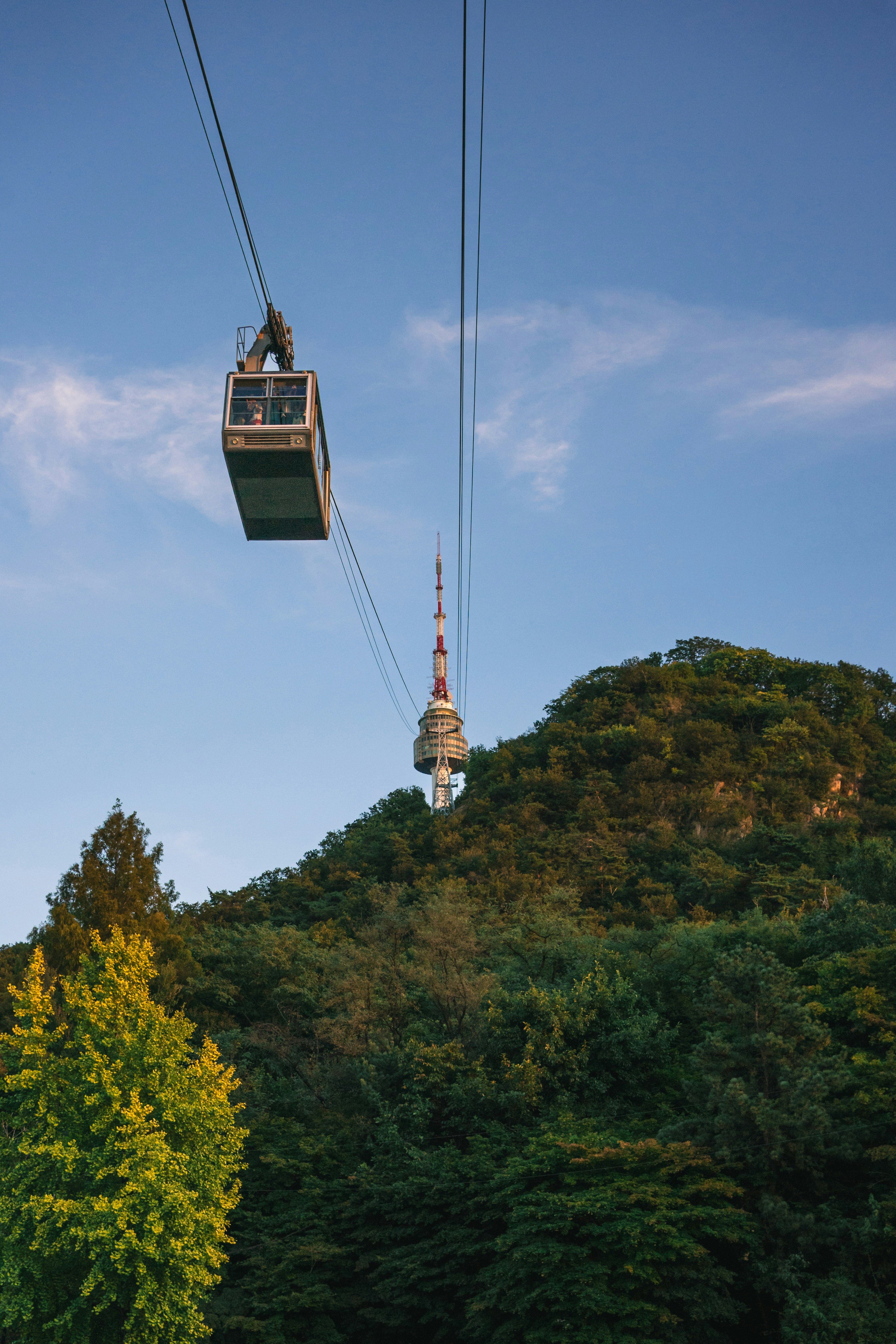 Cable car ascends towards namsan tower with lush trees