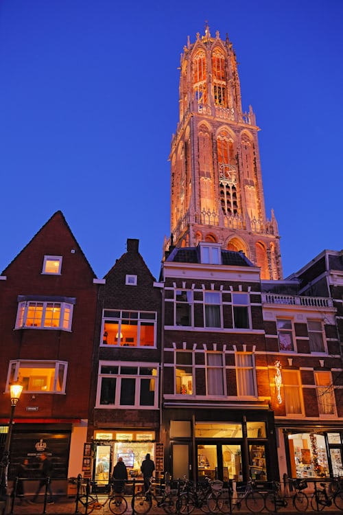 The iconic Dom Tower of Utrecht rising above the city buildings