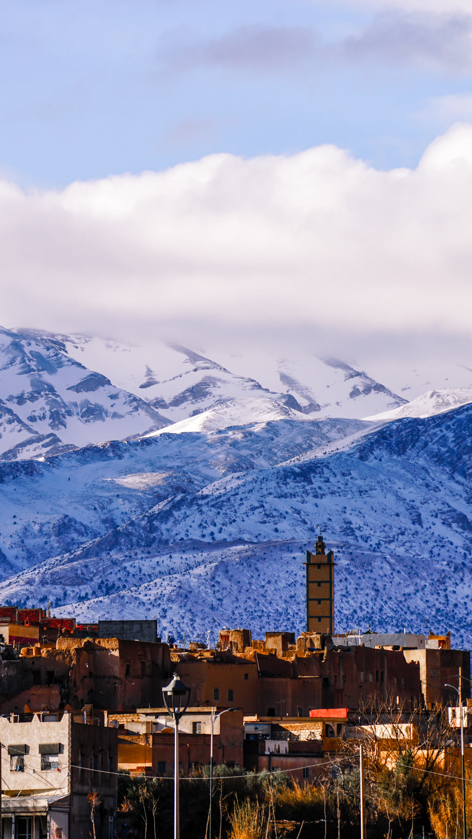 Snowy Atlas mountains above the town of Midelt in Morocco