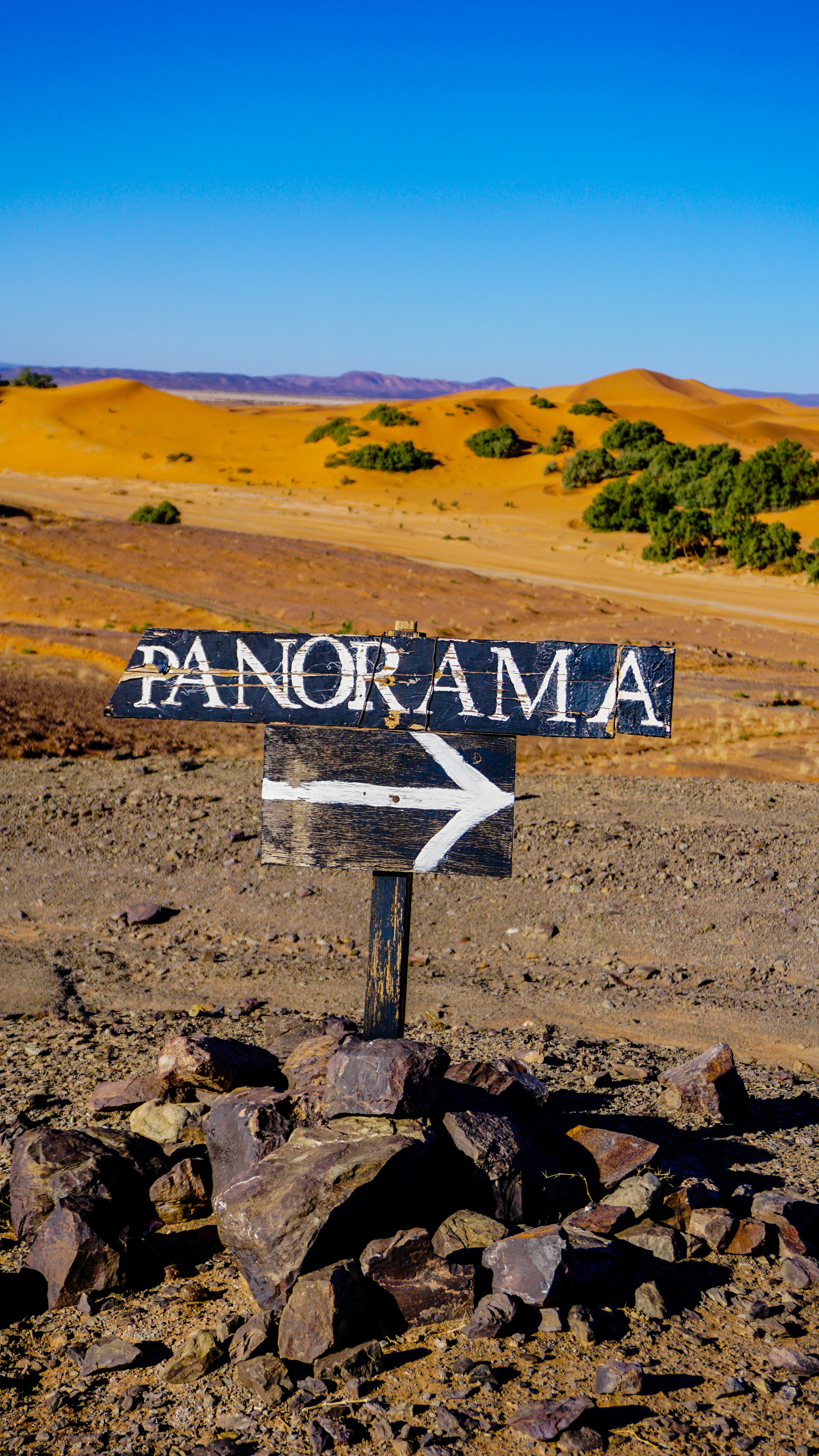 Wooden sign points towards a desert panorama.