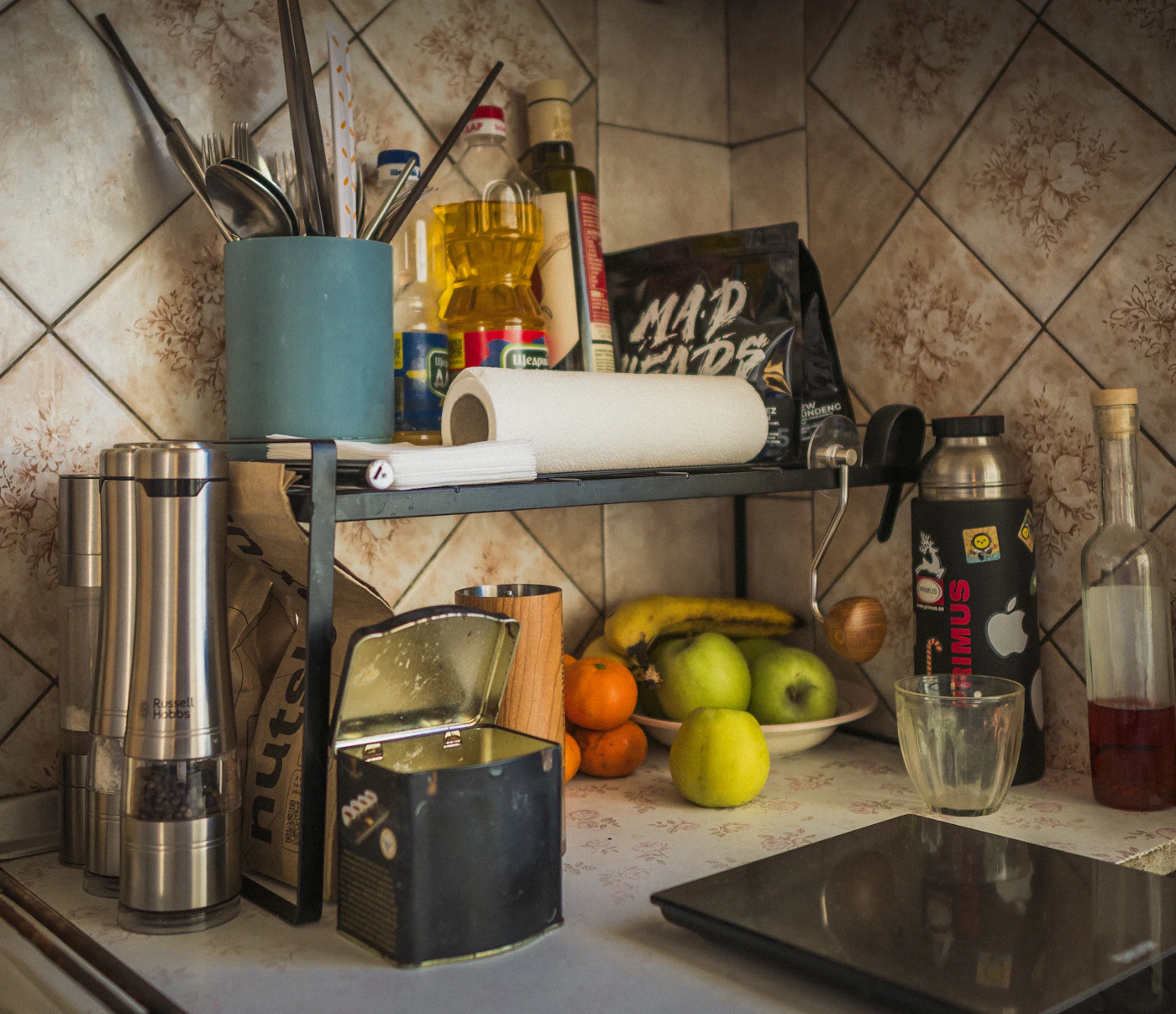 Fruit and everyday ingredients in a kitchen for preparing meals during a family vacation