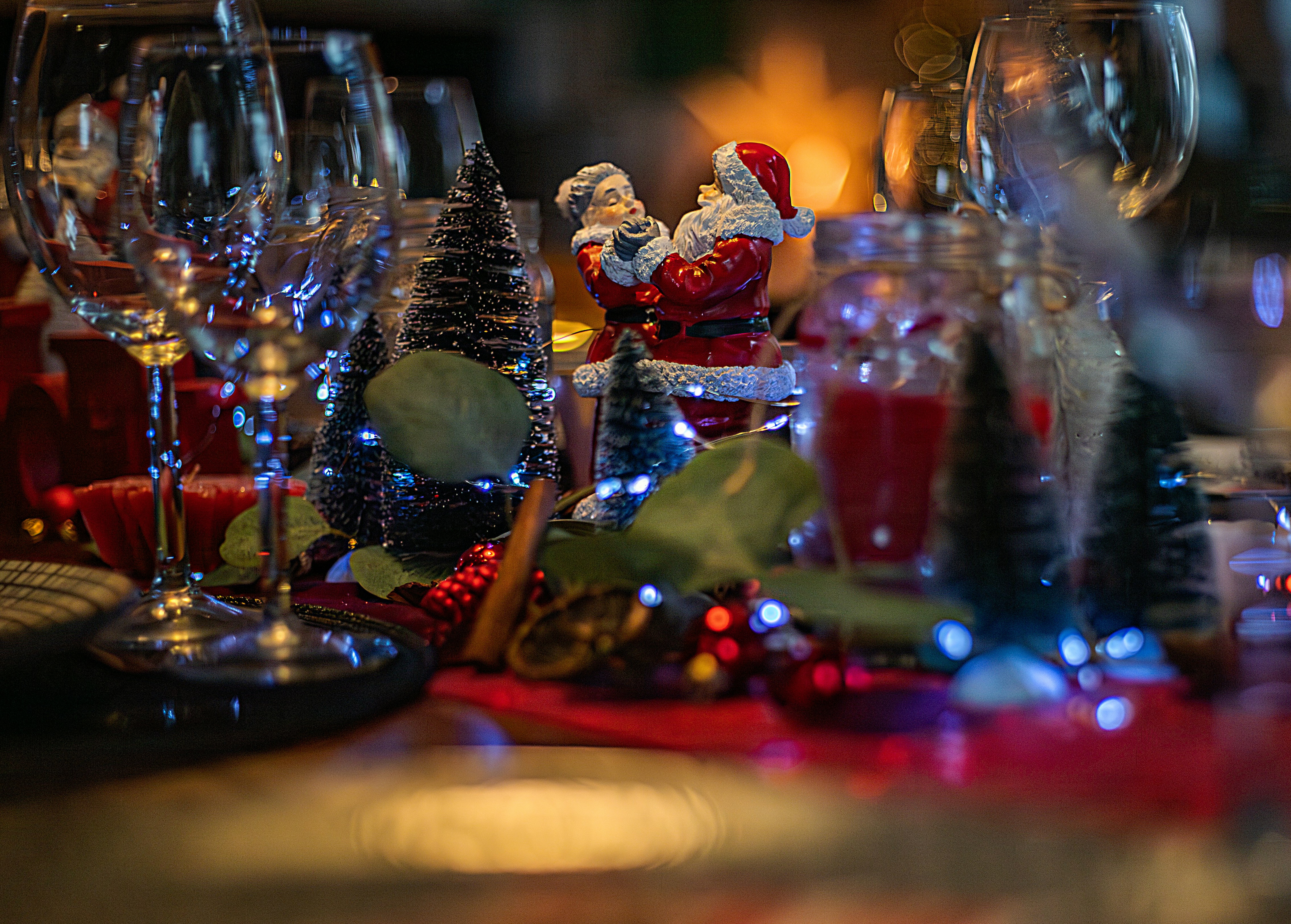 Christmas table setting with santa and fairy lights
