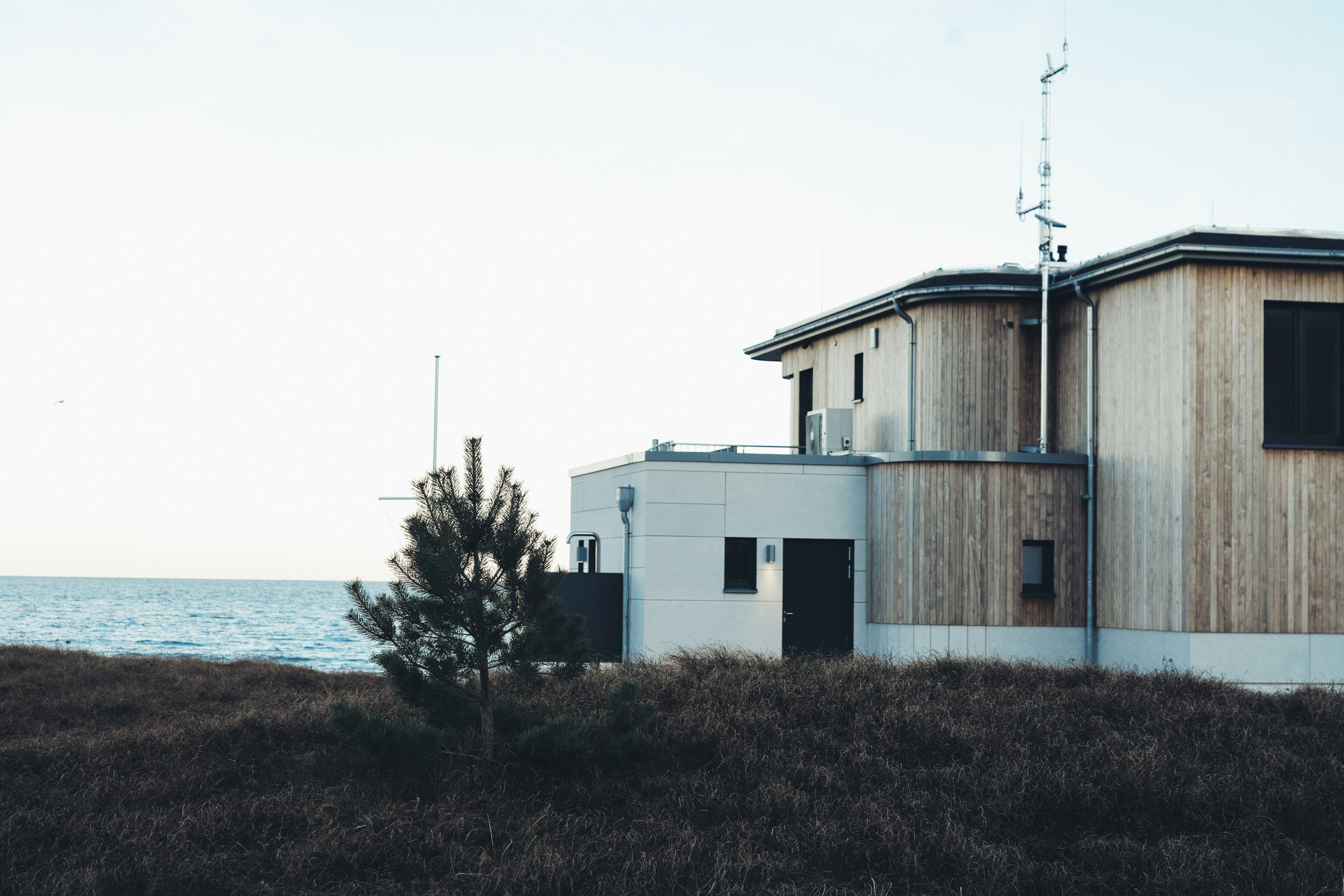 Modernes Haus am Meer mit trockenem Gras
