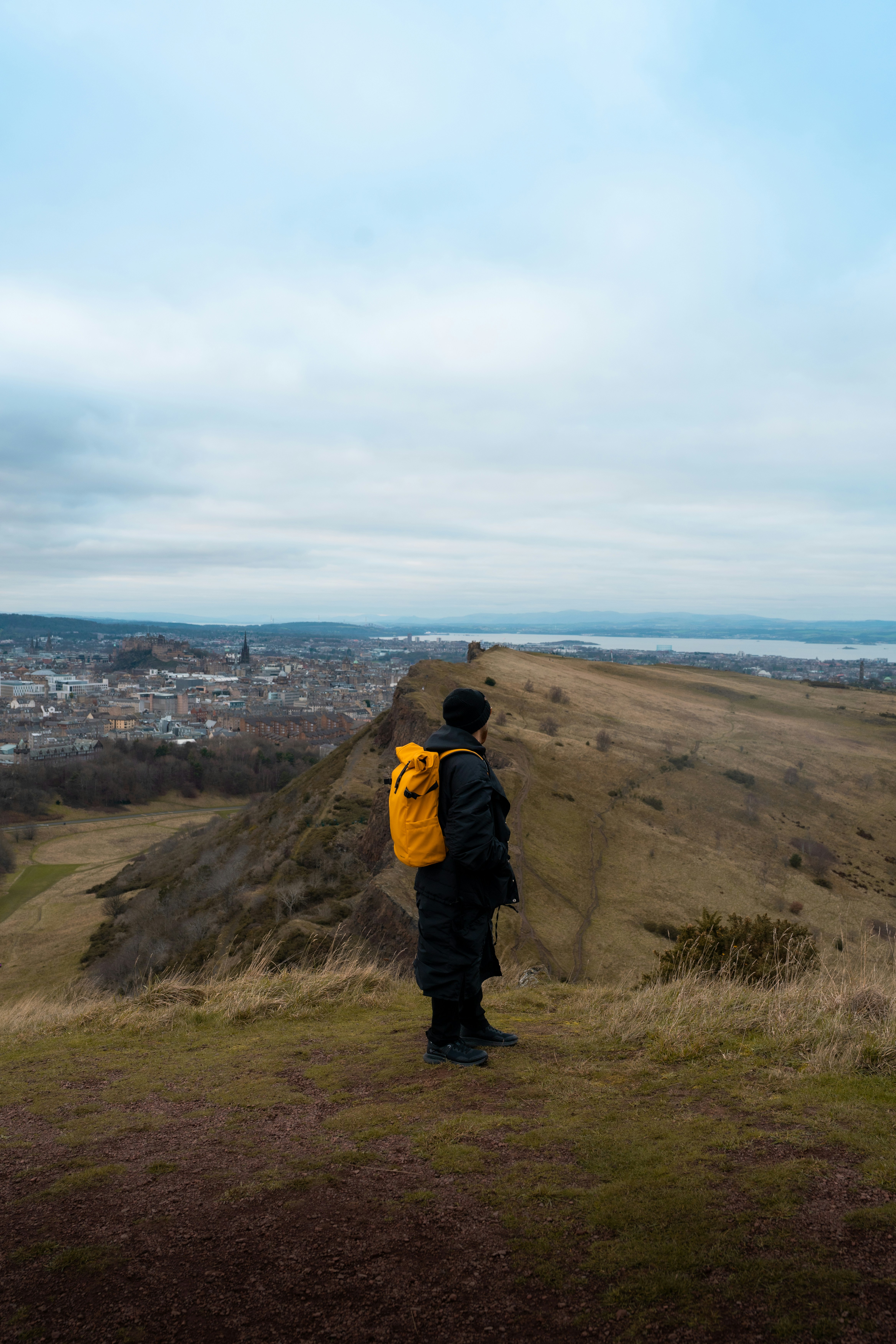 Person with yellow backpack overlooking city and water