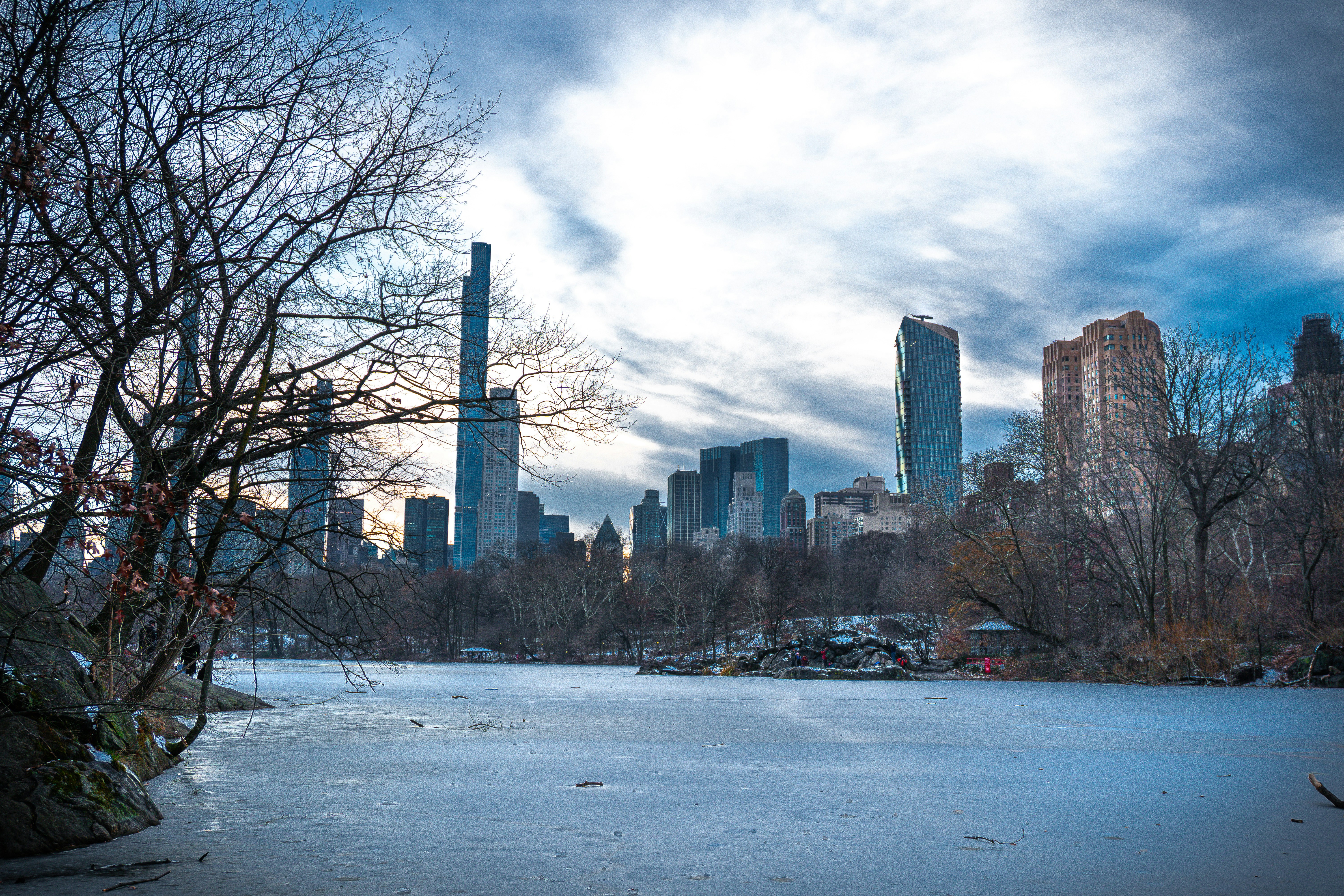 Winter cityscape with frozen lake and bare trees