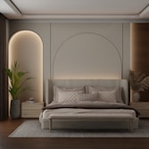 Modern bedroom with arched headboard and neutral decor.