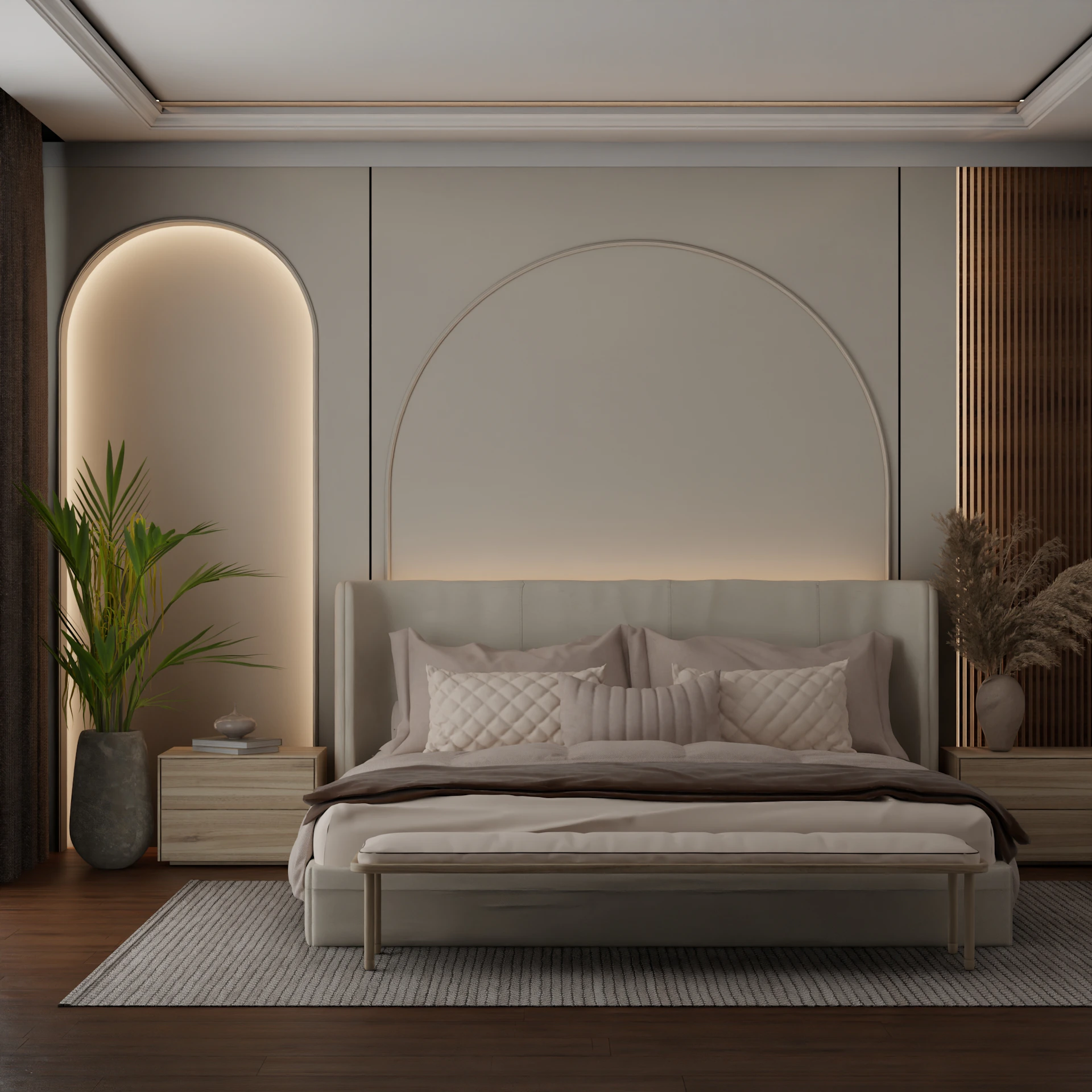 Modern bedroom with arched headboard and neutral decor.