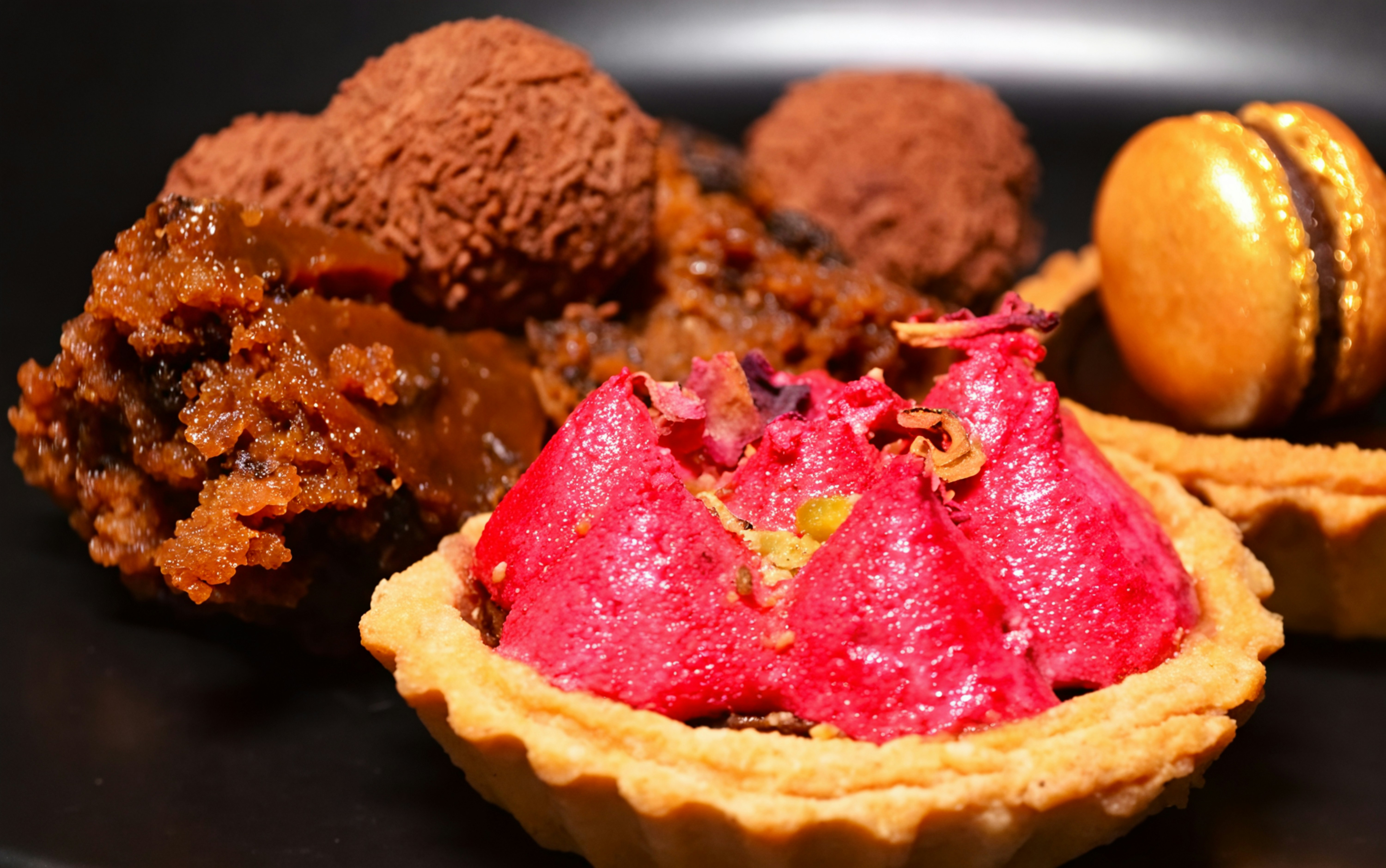 Assorted gourmet desserts including tart and macaron