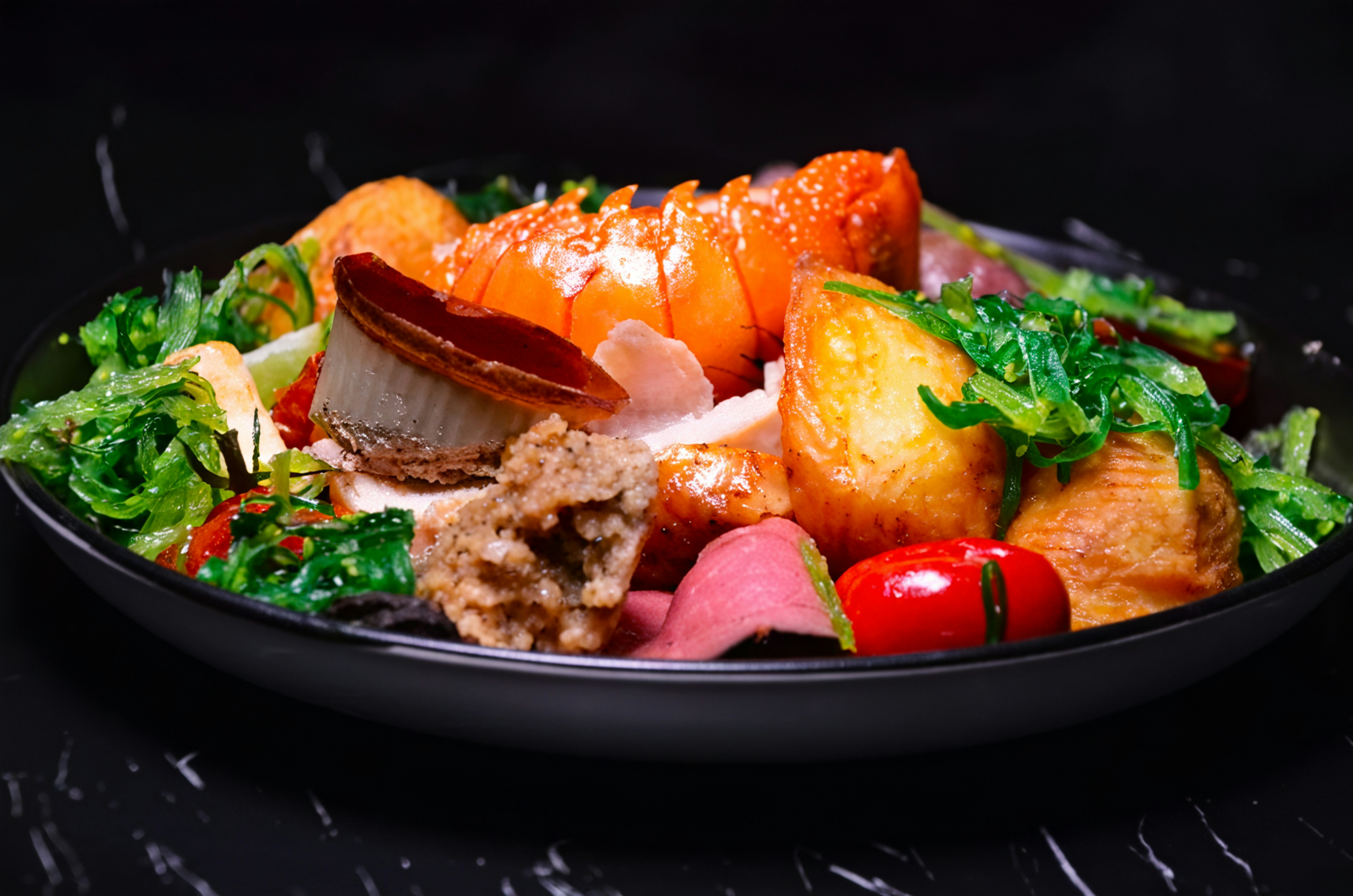 A delicious seafood platter with lobster and vegetables.