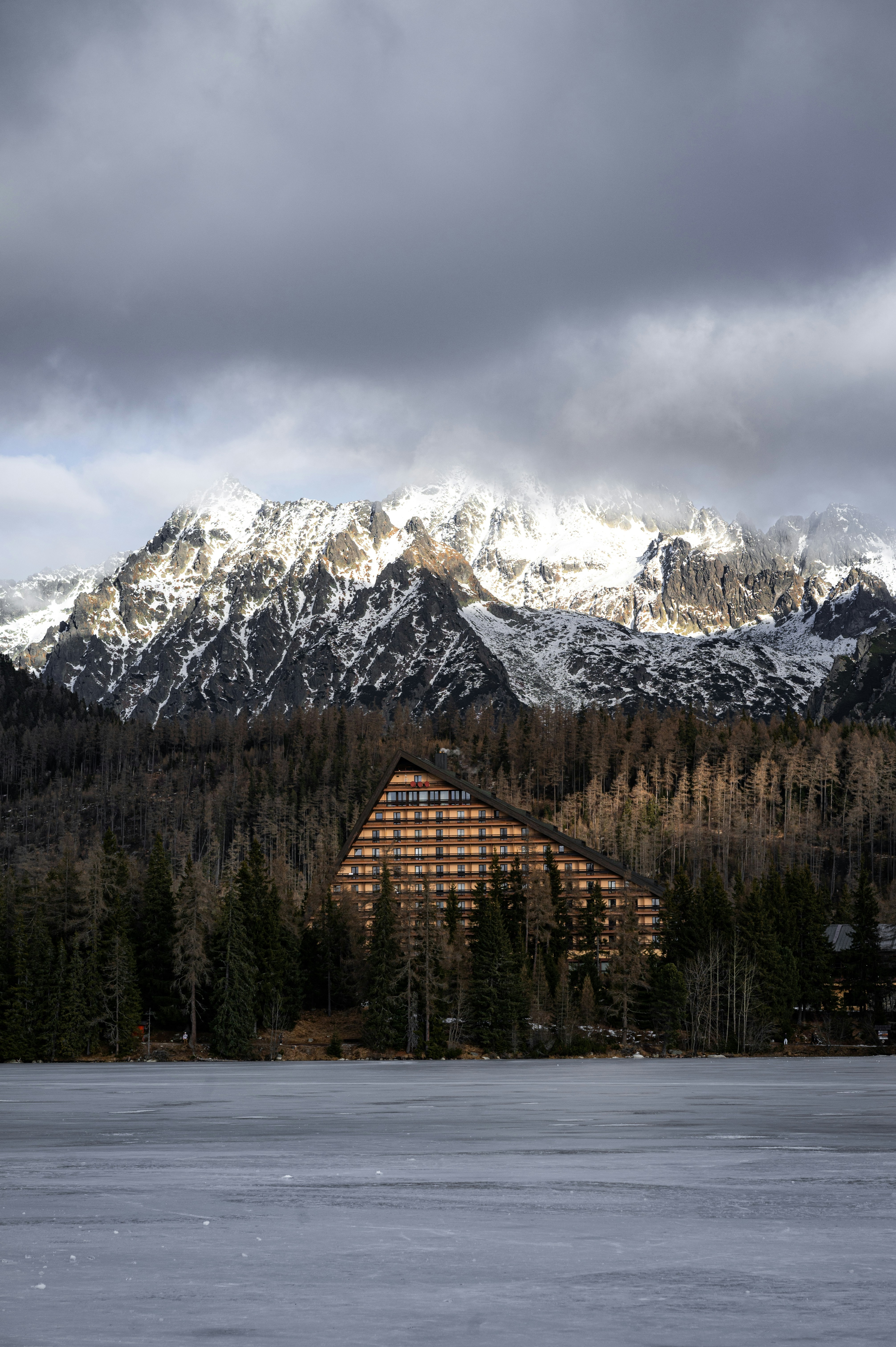 Modern hotel nestled among trees below snowy mountains.
