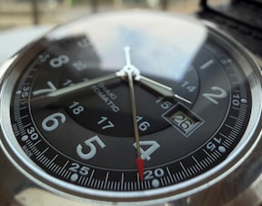 Close-up of a black analog watch face.