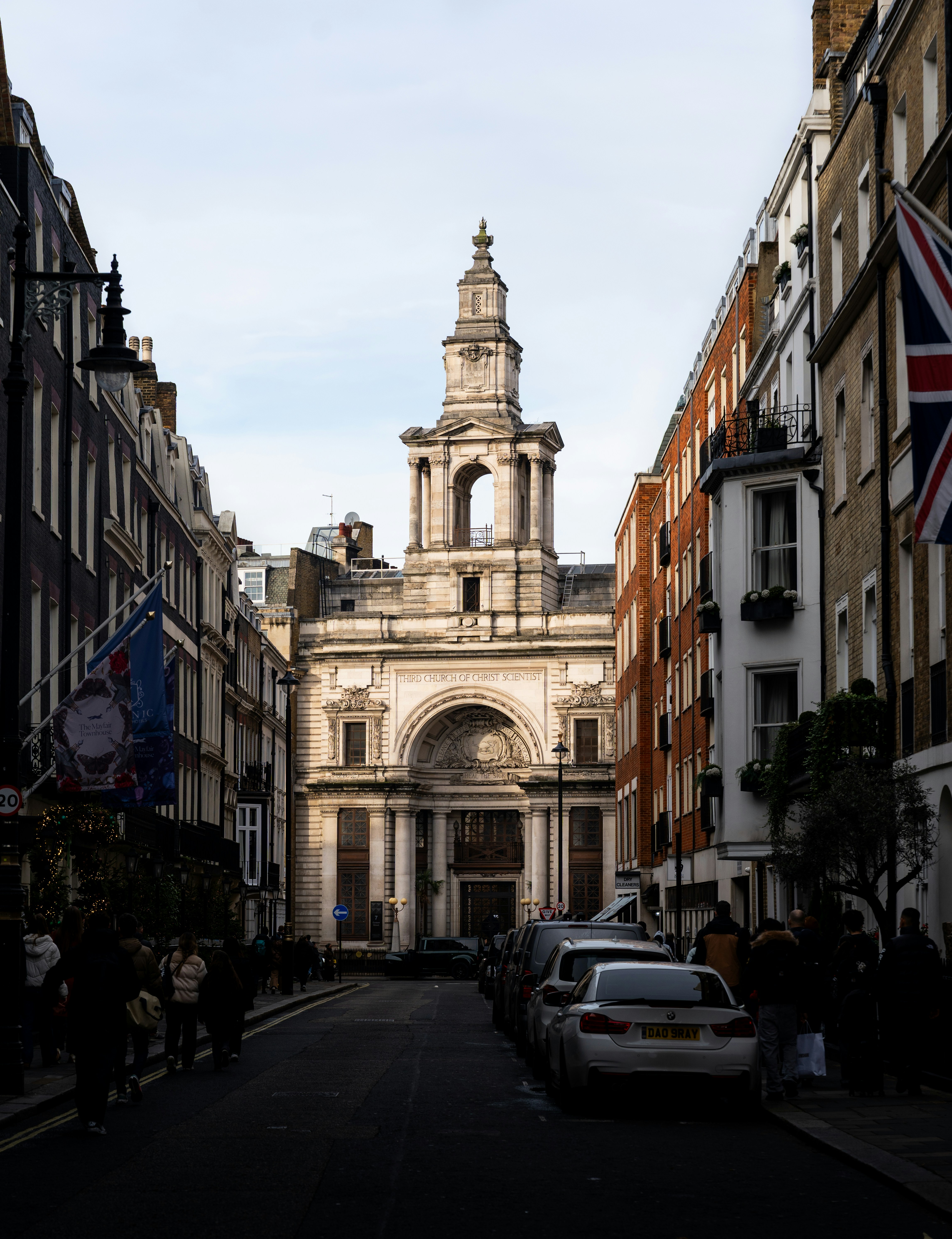 Grand church facade at the end of a street.