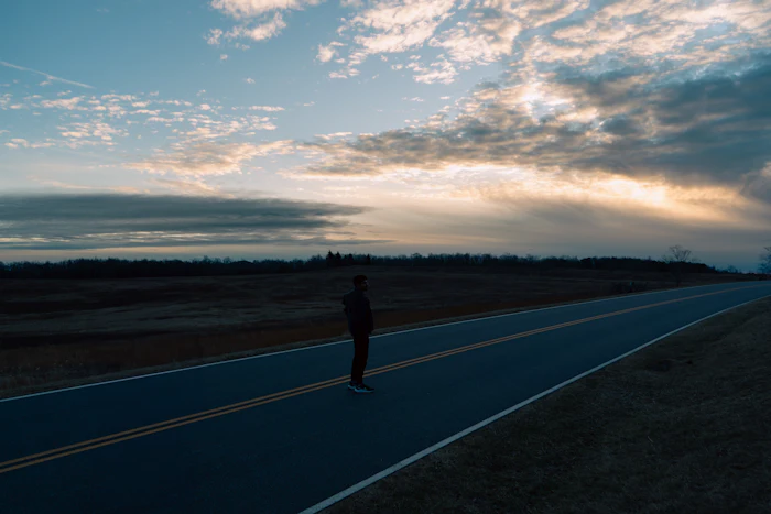 Lone traveller on an open road at sunset