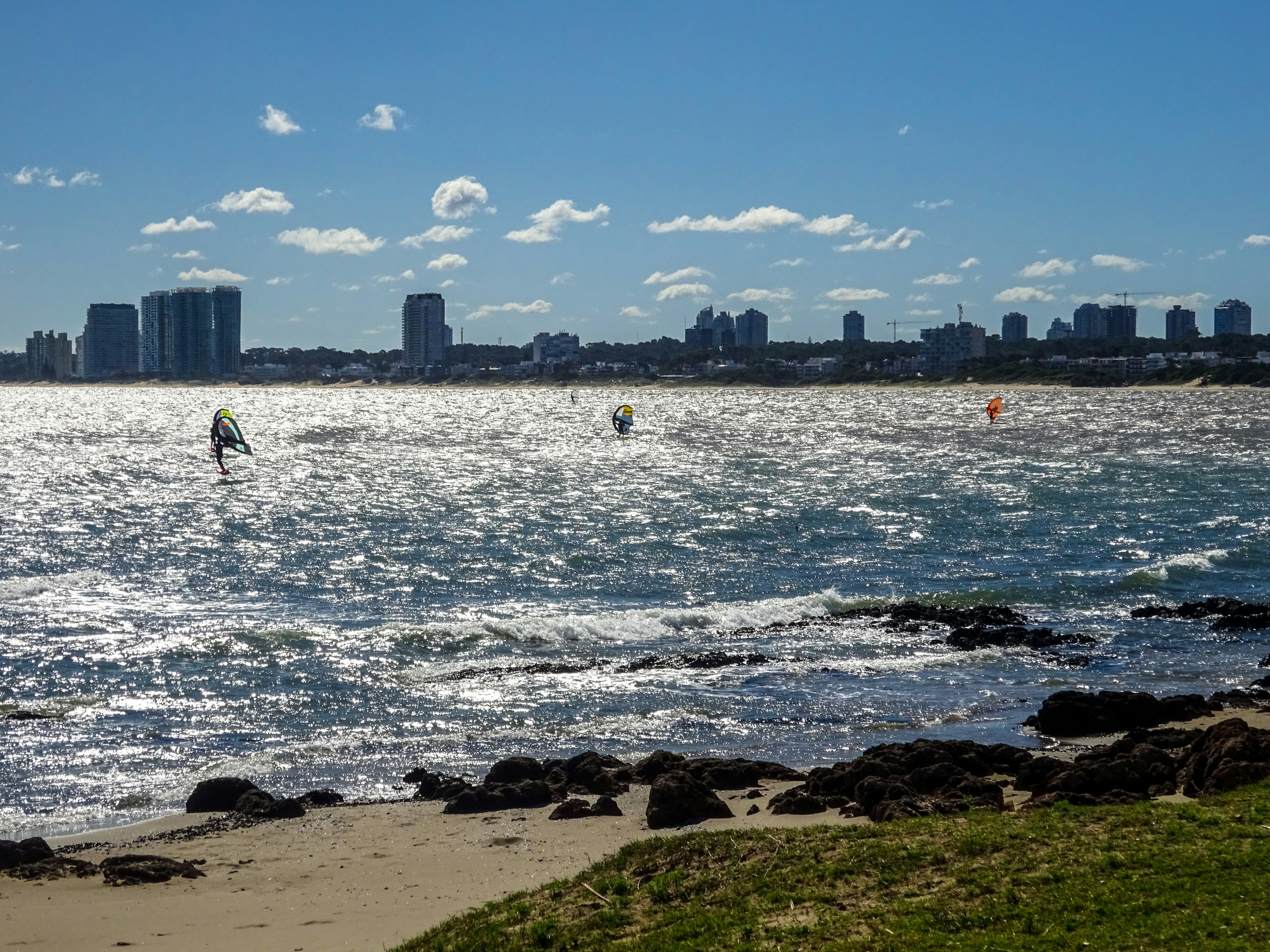Windsurfers on sparkling water with city skyline