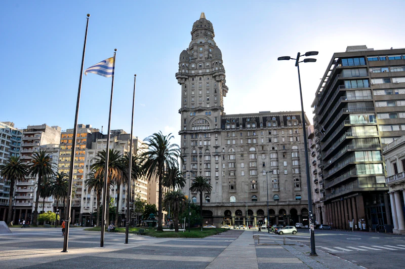 Historic Montevideo building with flags