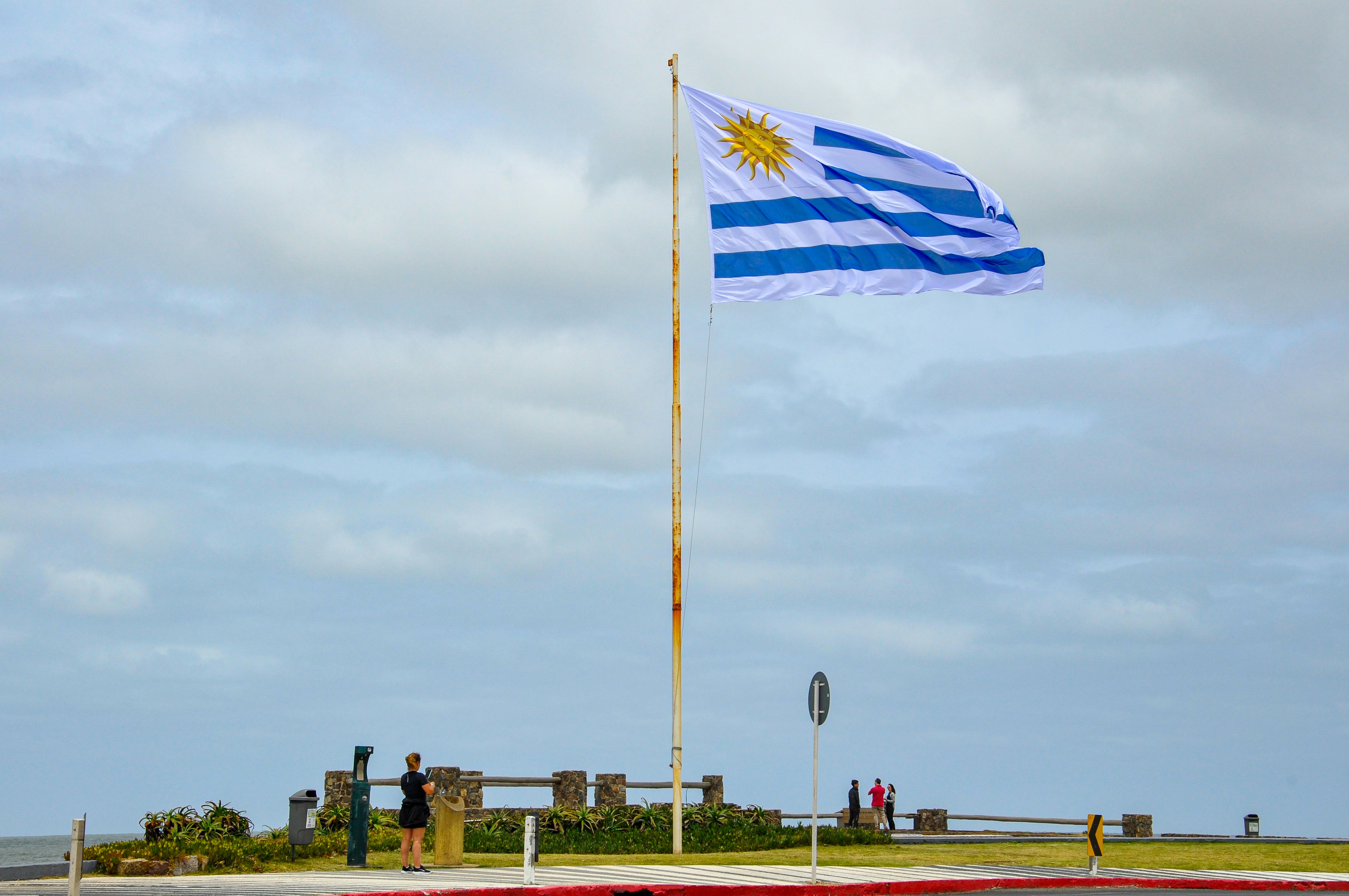 Uruguayan flag flying on a flagpole by the ocean