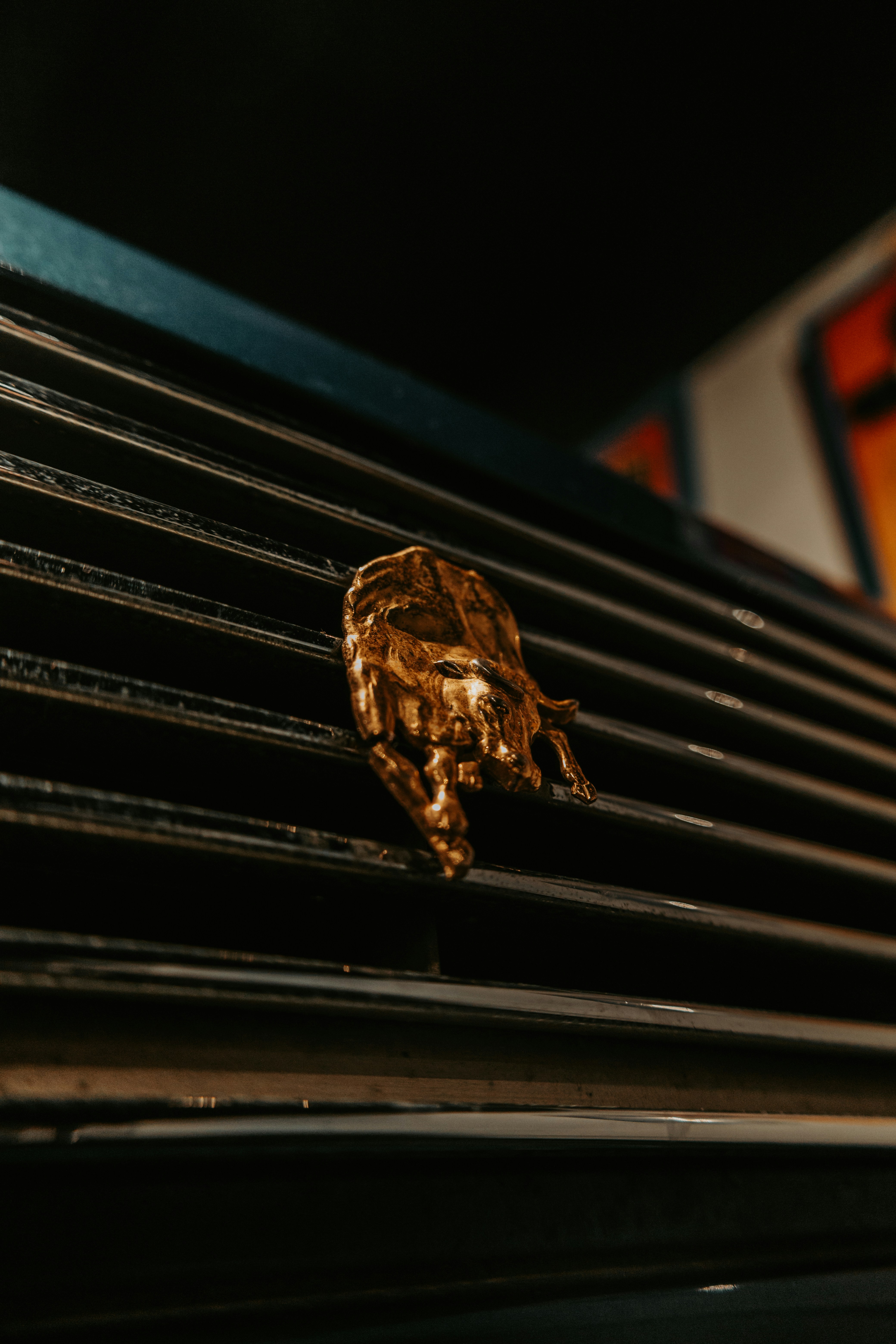 Goldenes Skarabäus-Käfer-Emblem auf einem dunklen Kühlergrill